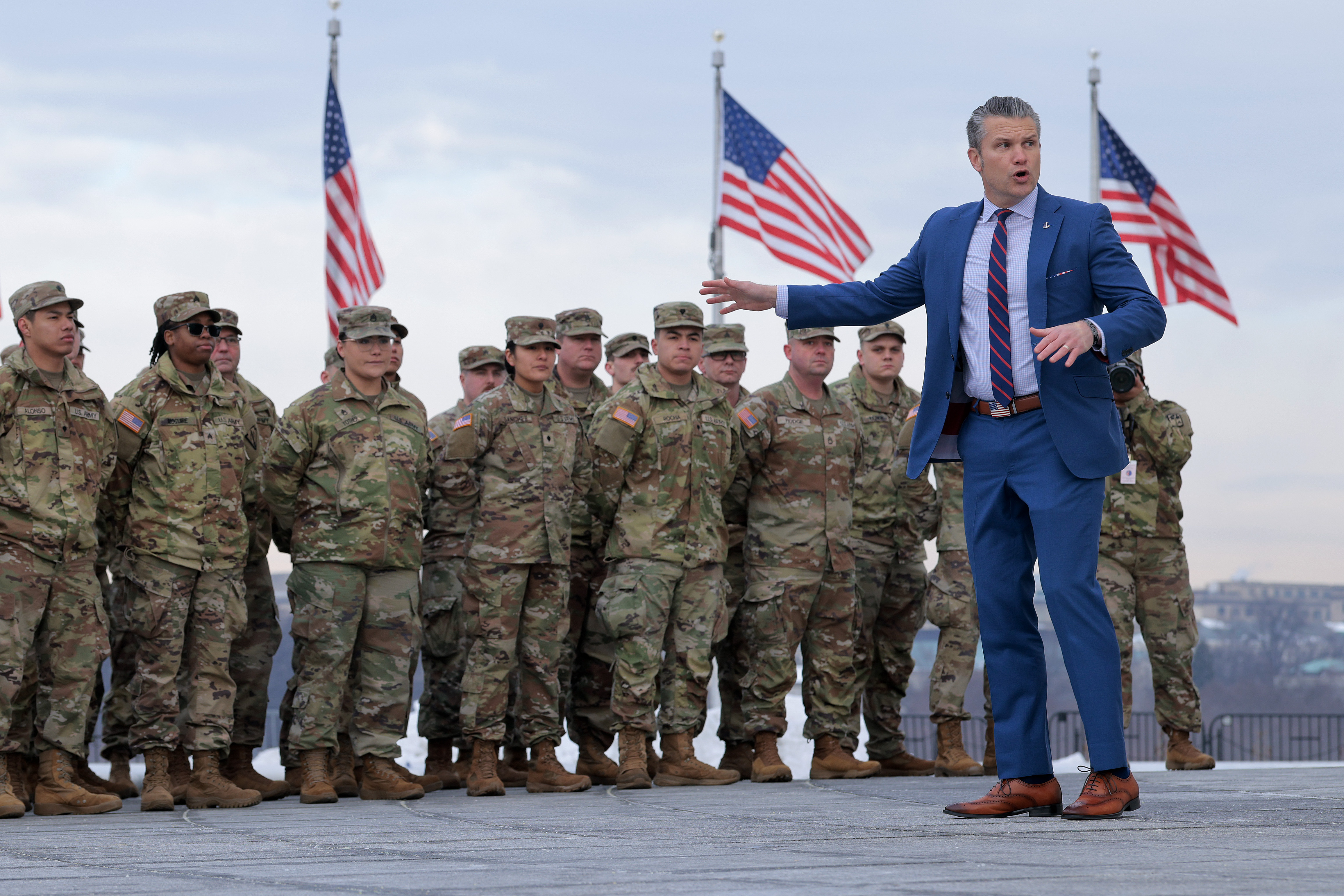 Pete Hegseth addressing National Guard troops at the base of the Washington Monument in Washington, DC