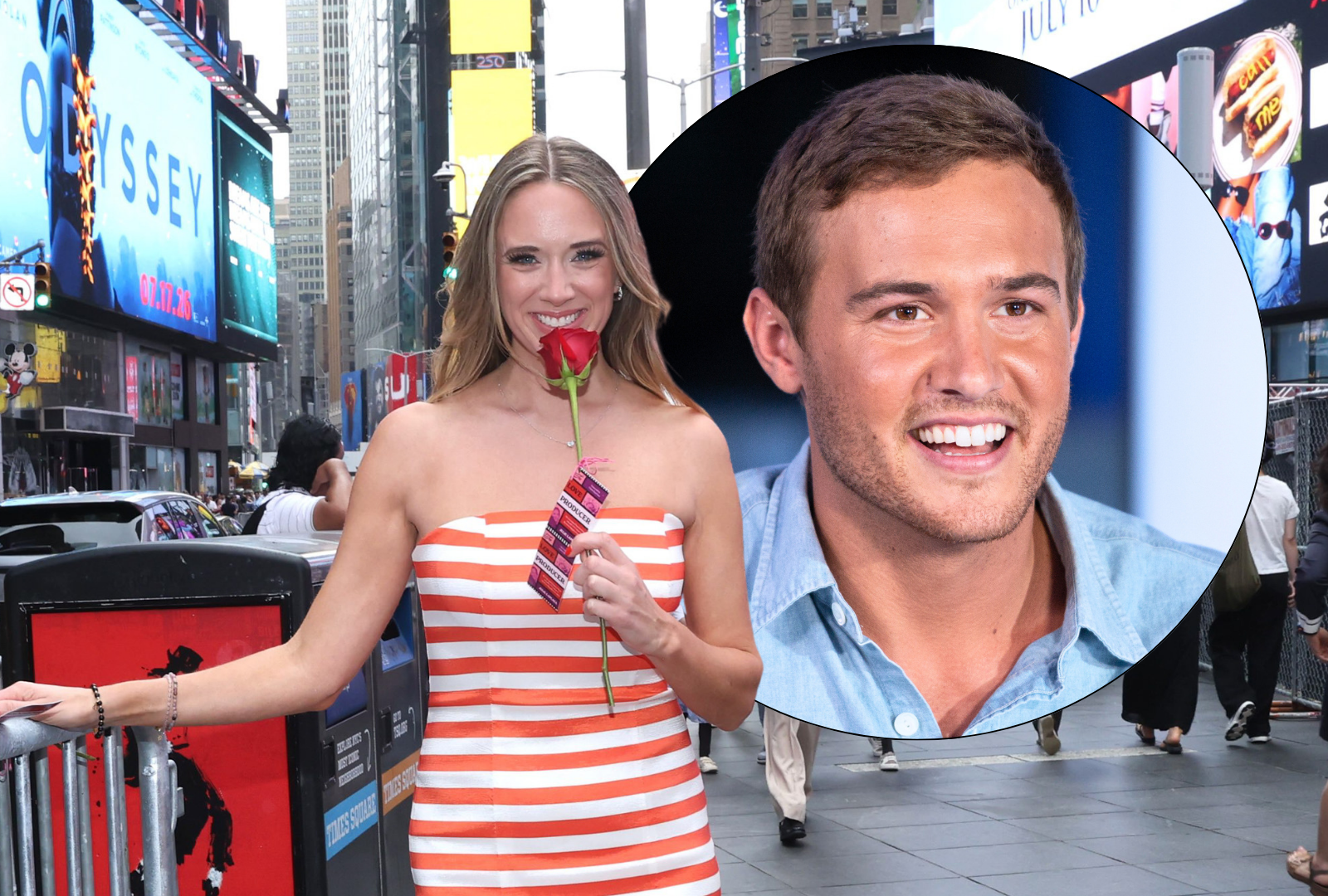 Julie LaPlaca in an orange-and-white striped strapless gown holding a red rose while standing in Times Square, NYC.