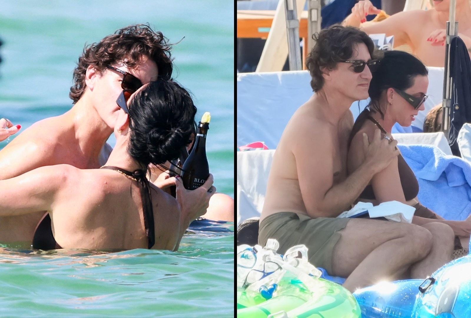 Two people kissing in the ocean, one holding a dark wine bottle, with a rubber dinghy visible in the background.