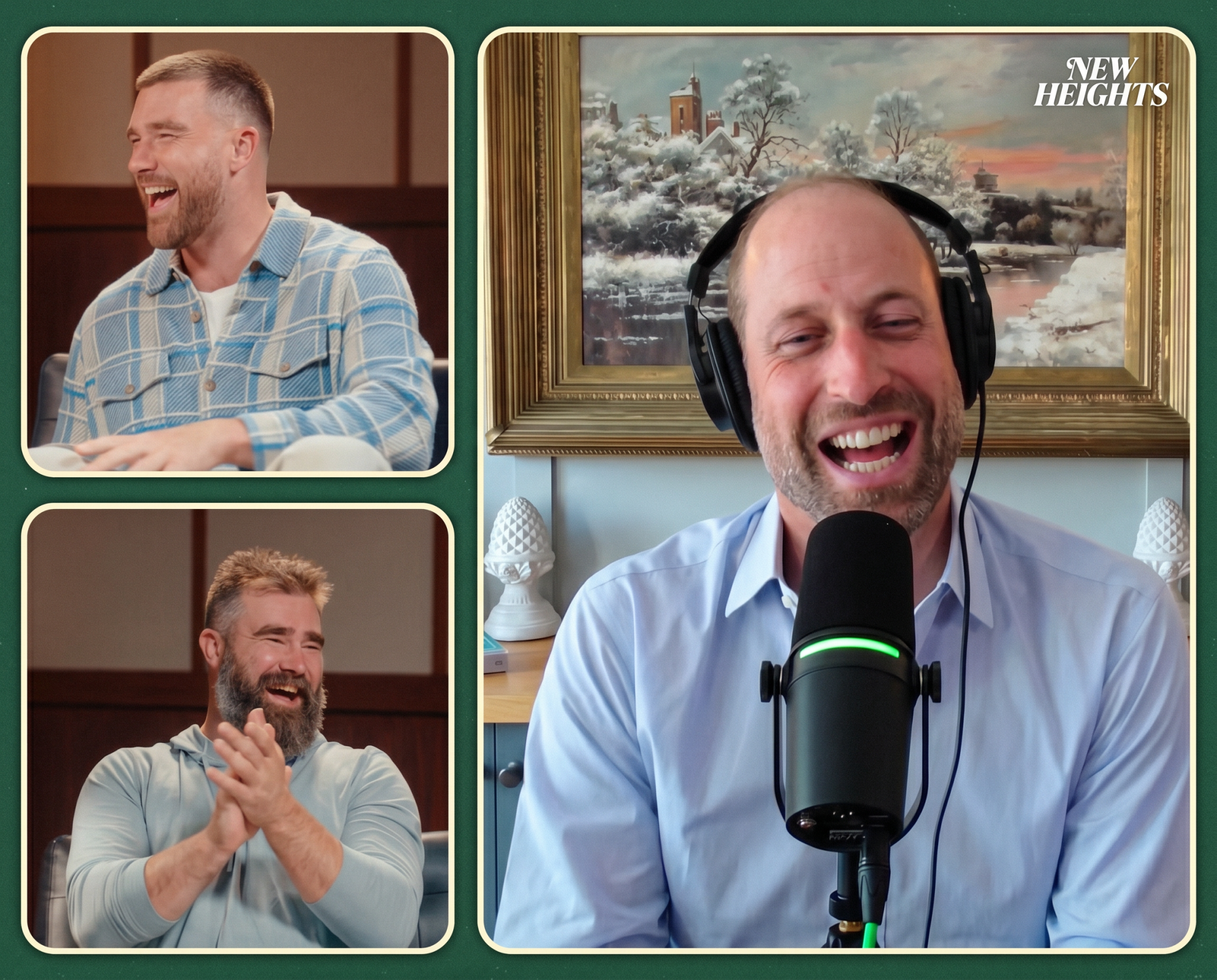 AI-generated image of Prince William appearing on the New Heights podcast with Travis and Jason Kelce