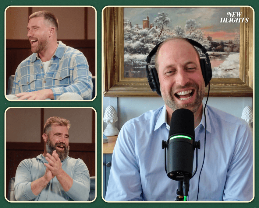 Collage of three men laughing: a man in a blue plaid shirt, a bearded man in a hoodie clapping, and a bald man with headphones at a podcast microphone.