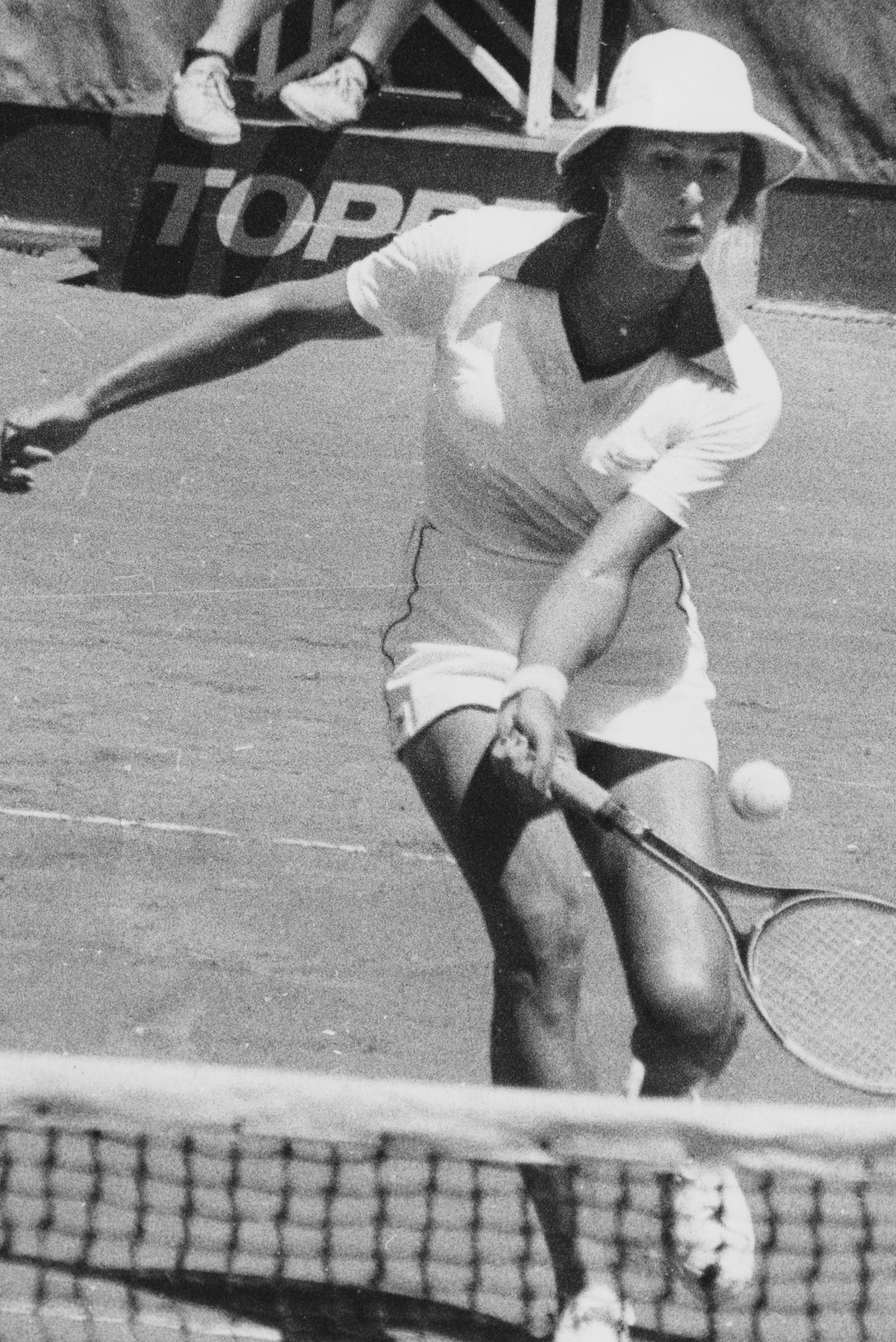 Renée Richards playing tennis during a match in Buenos Aires, Argentina, in November 1977.