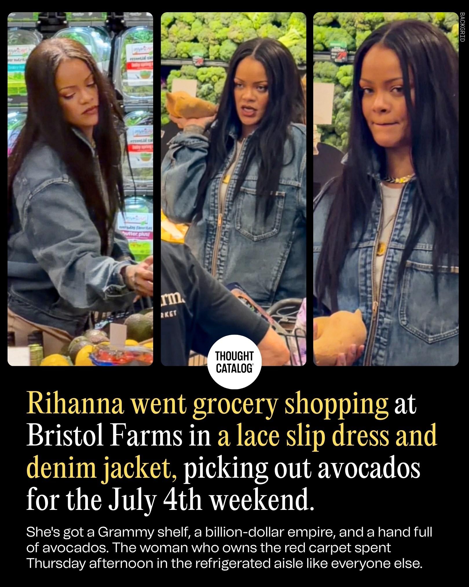 Rihanna Went Grocery Shopping at Bristol Farms in a Lace Slip Dress and Denim Jacket, Picking Out Avocados for the July 4th Weekend