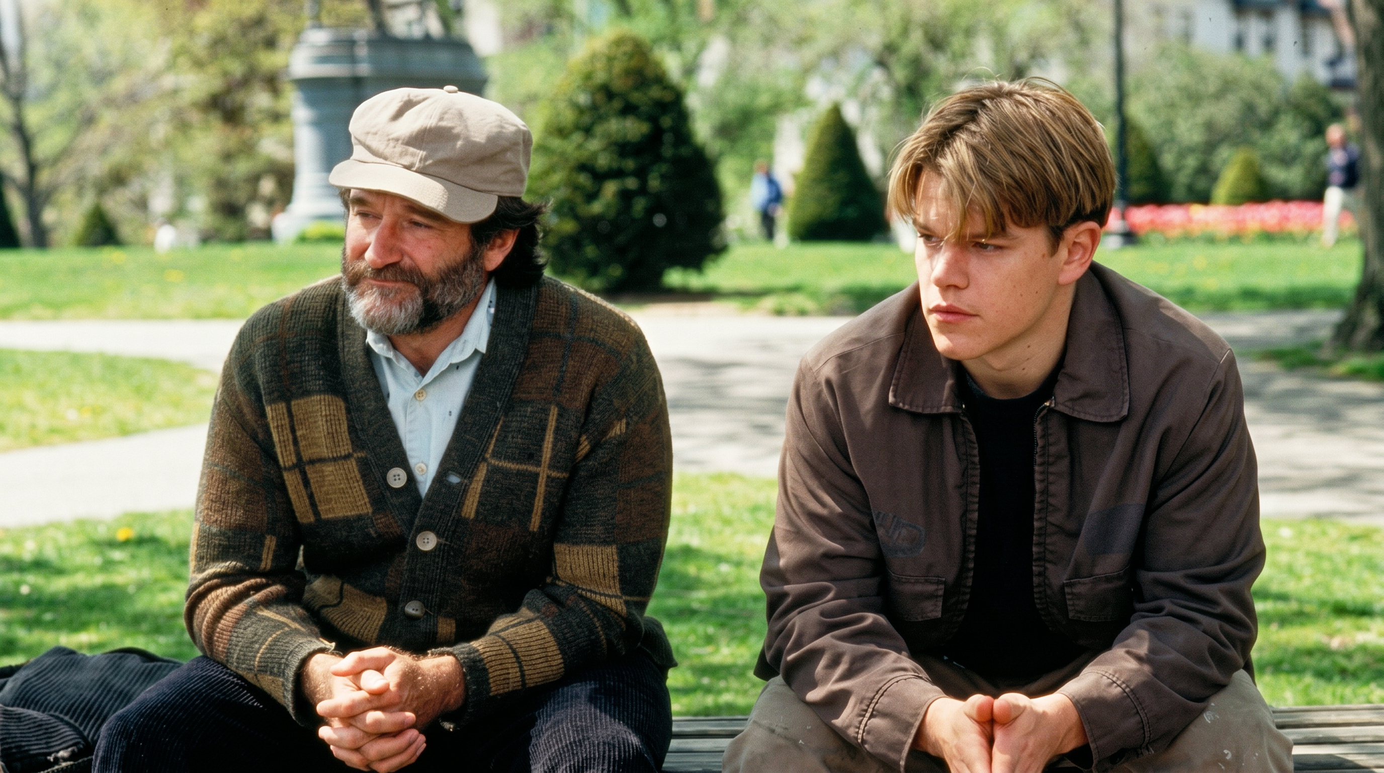Two men sit on a park bench outdoors — an older bearded man in a plaid cardigan and cap, and a younger man in a brown jacket, both looking forward.