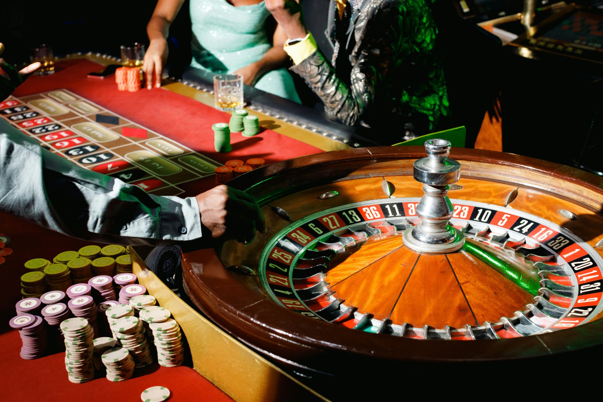 Blackjack table with cards and chips at a casino