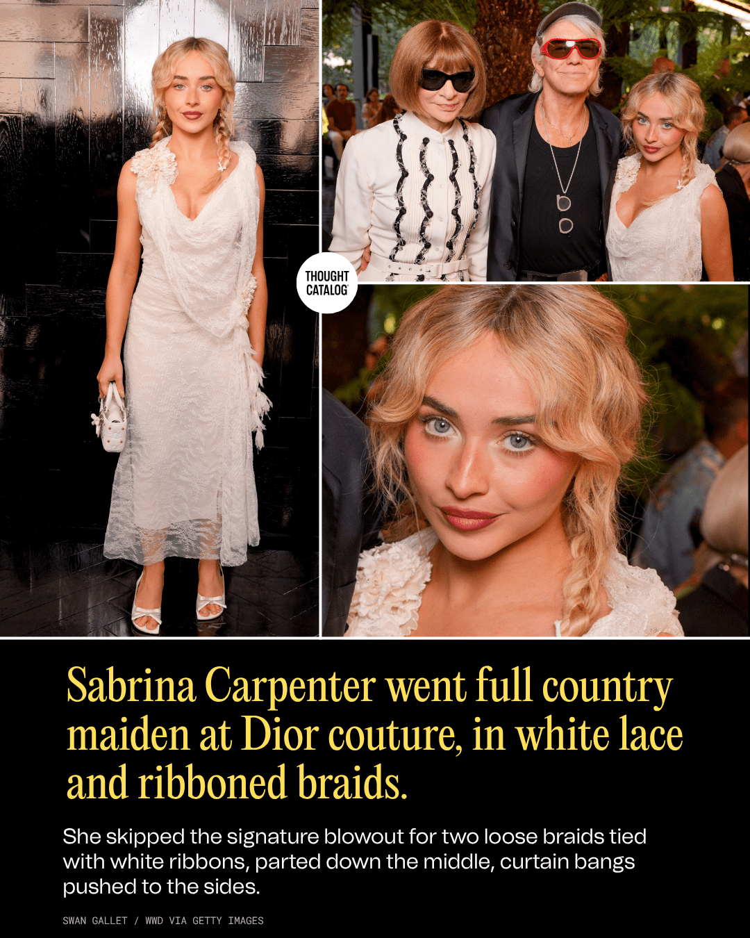 Sabrina Carpenter Went Full Country Maiden at Dior Couture, in White Lace and Ribboned Braids