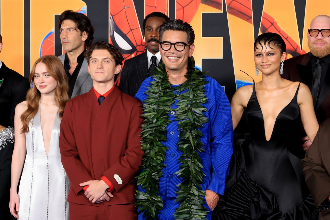 Group photo of Sadie Sink, Jon Bernthal, Tom Holland, Tramell Tillman, Zendaya, Marvin Jones III and others at the Spider-Man: Brand New Day premiere.
