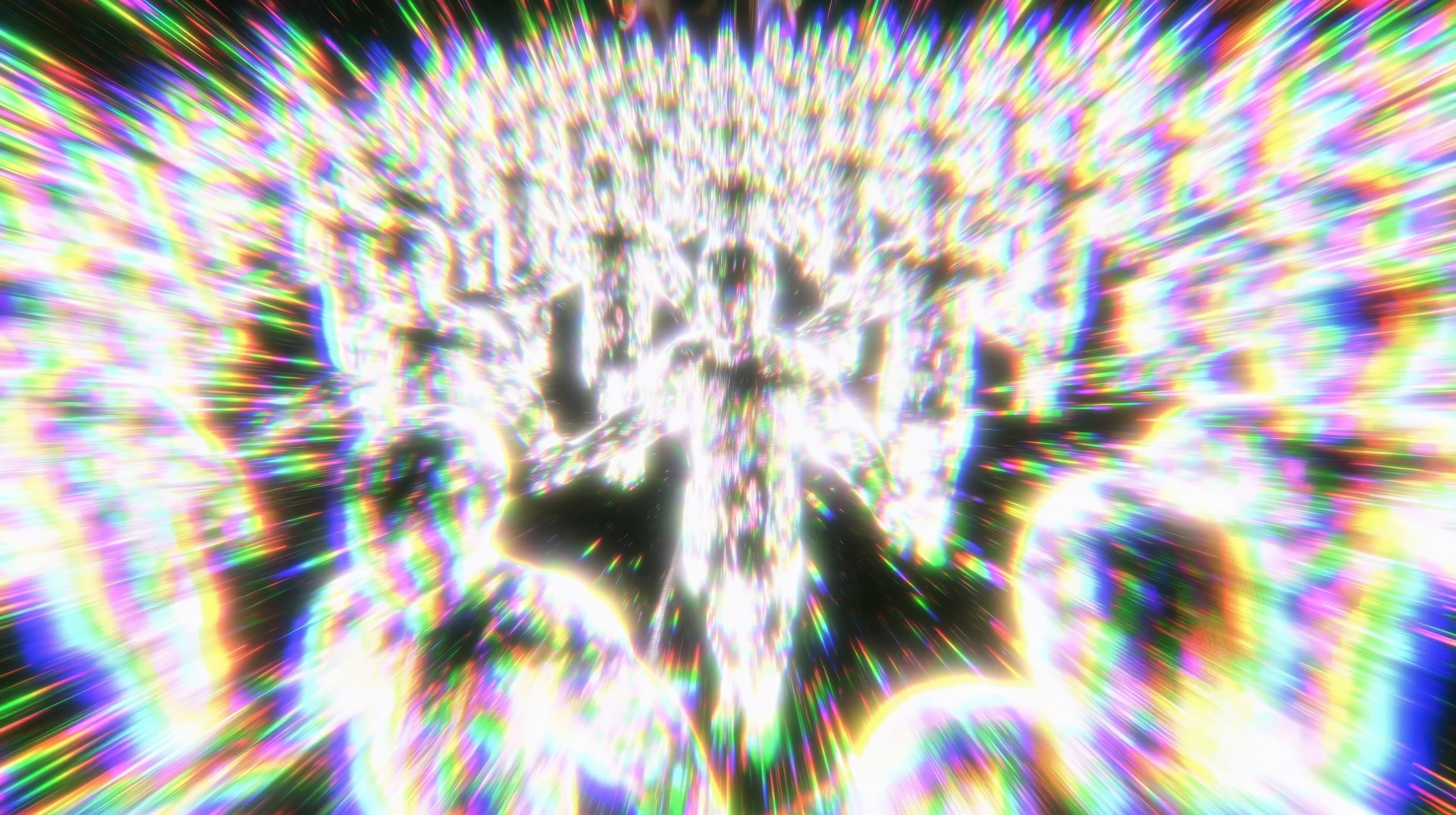 Glowing human silhouette surrounded by an abstract light burst and radiant particles against a dark space background