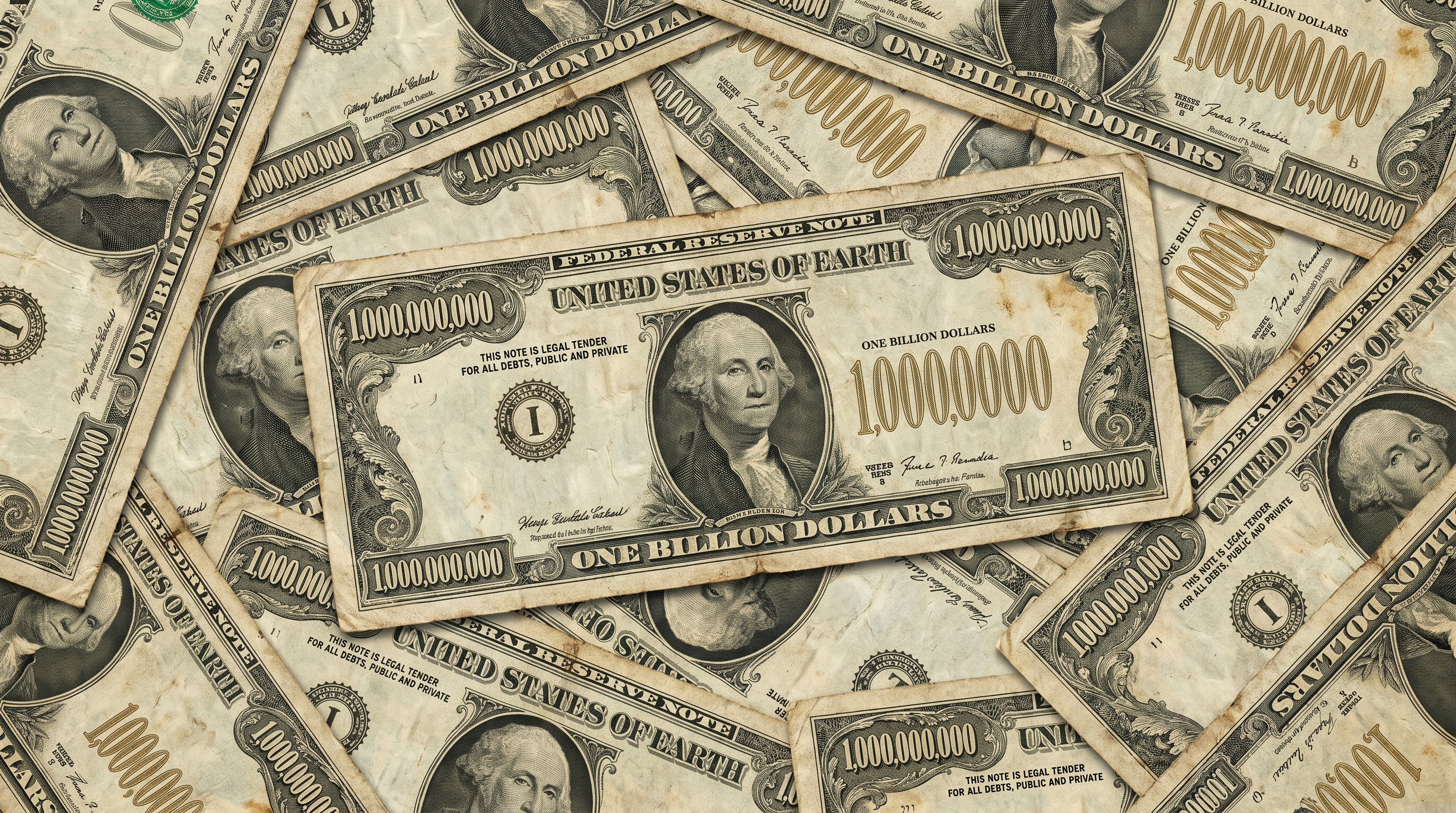 Click to open the image gallery Multiple fictional one-billion-dollar bills scattered on a surface, each reading 'United States of Earth' and featuring a portrait of a founding-father-style figure.