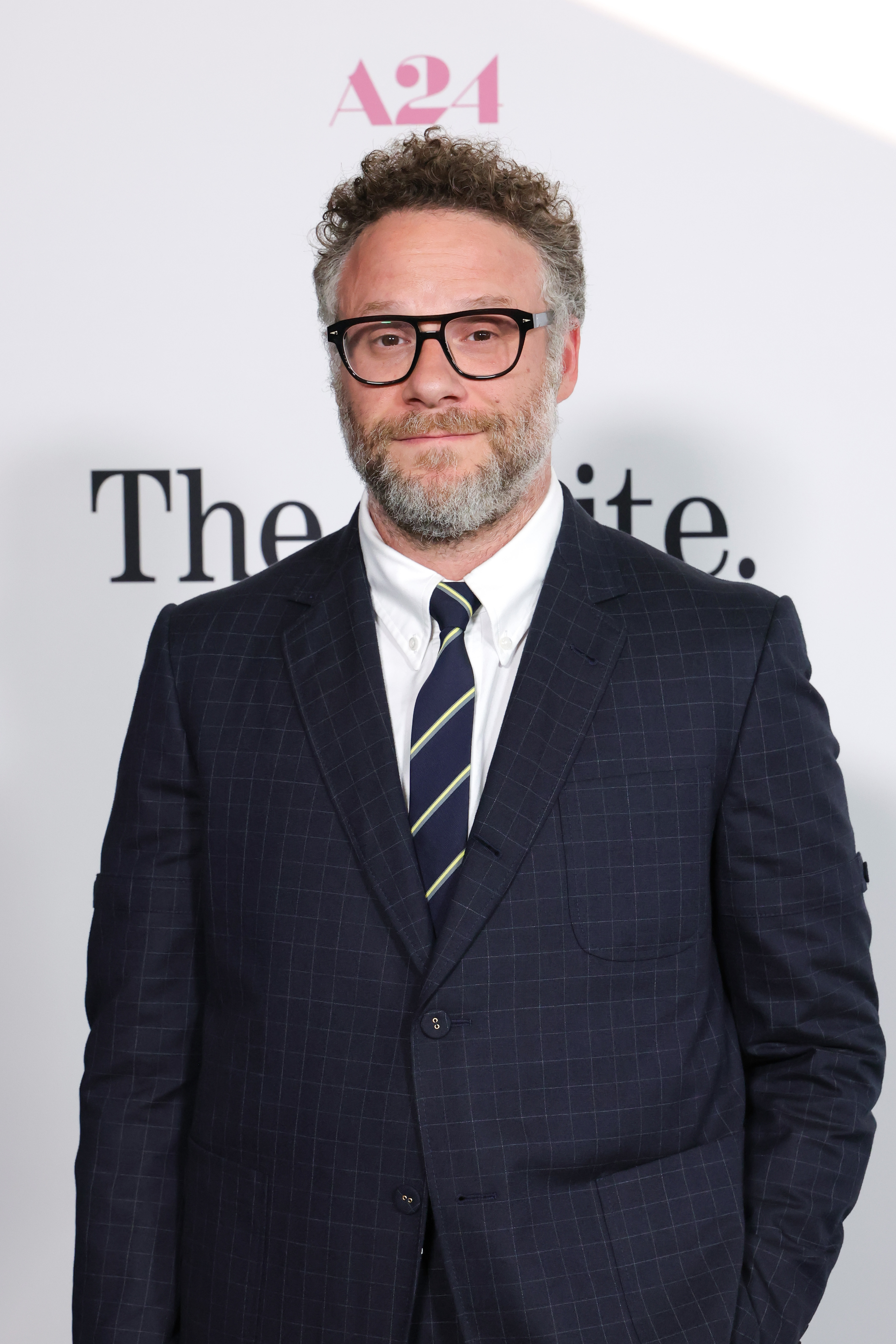 Click to open the image gallery Man with curly hair, beard, and black-rimmed glasses wearing a navy plaid suit and striped tie at an A24 event backdrop.