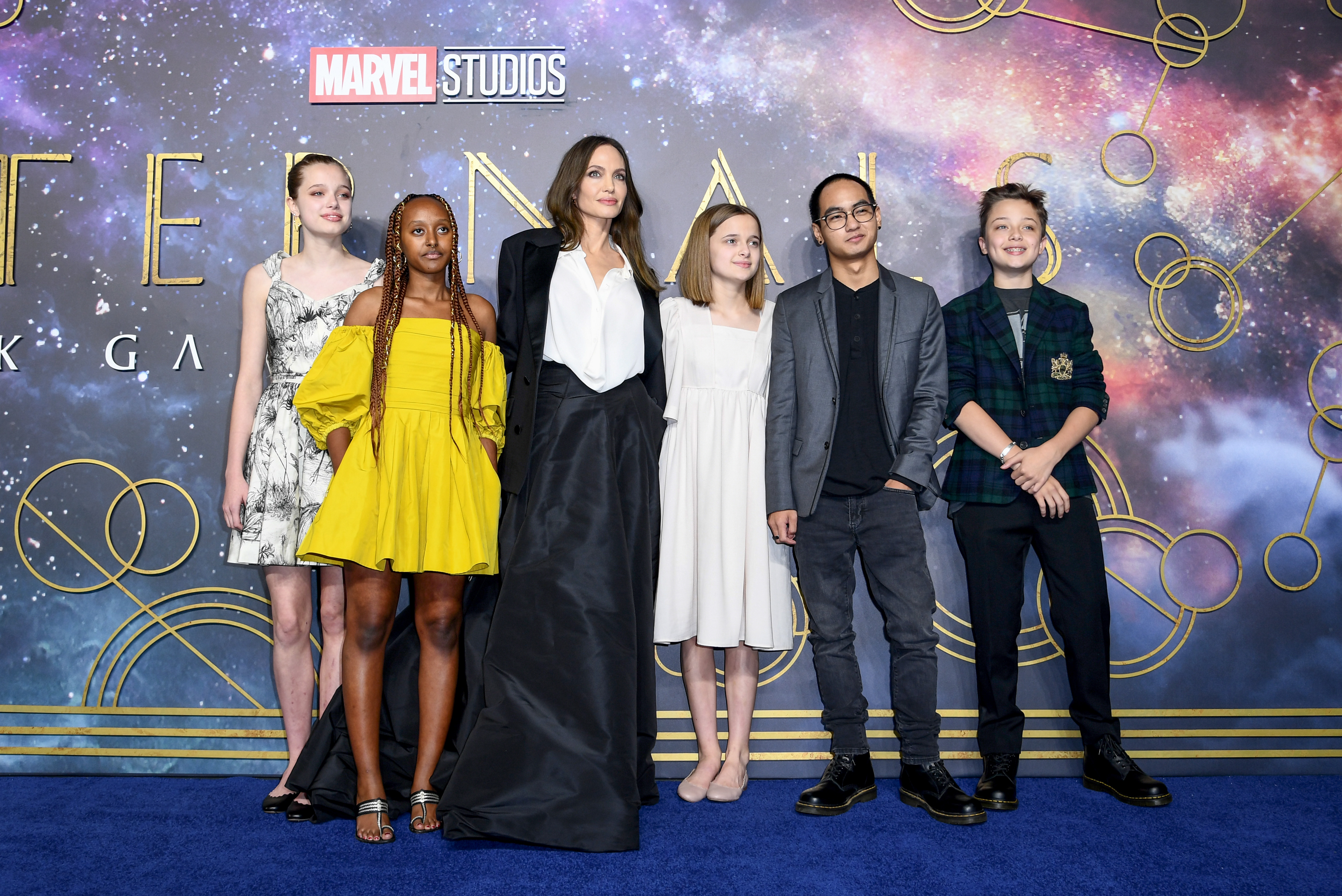 Shiloh Jolie-Pitt, Zahara, Angelina Jolie, Vivienne, Maddox, and Knox Jolie-Pitt at the Eternals UK gala screening at BFI IMAX Waterloo in London