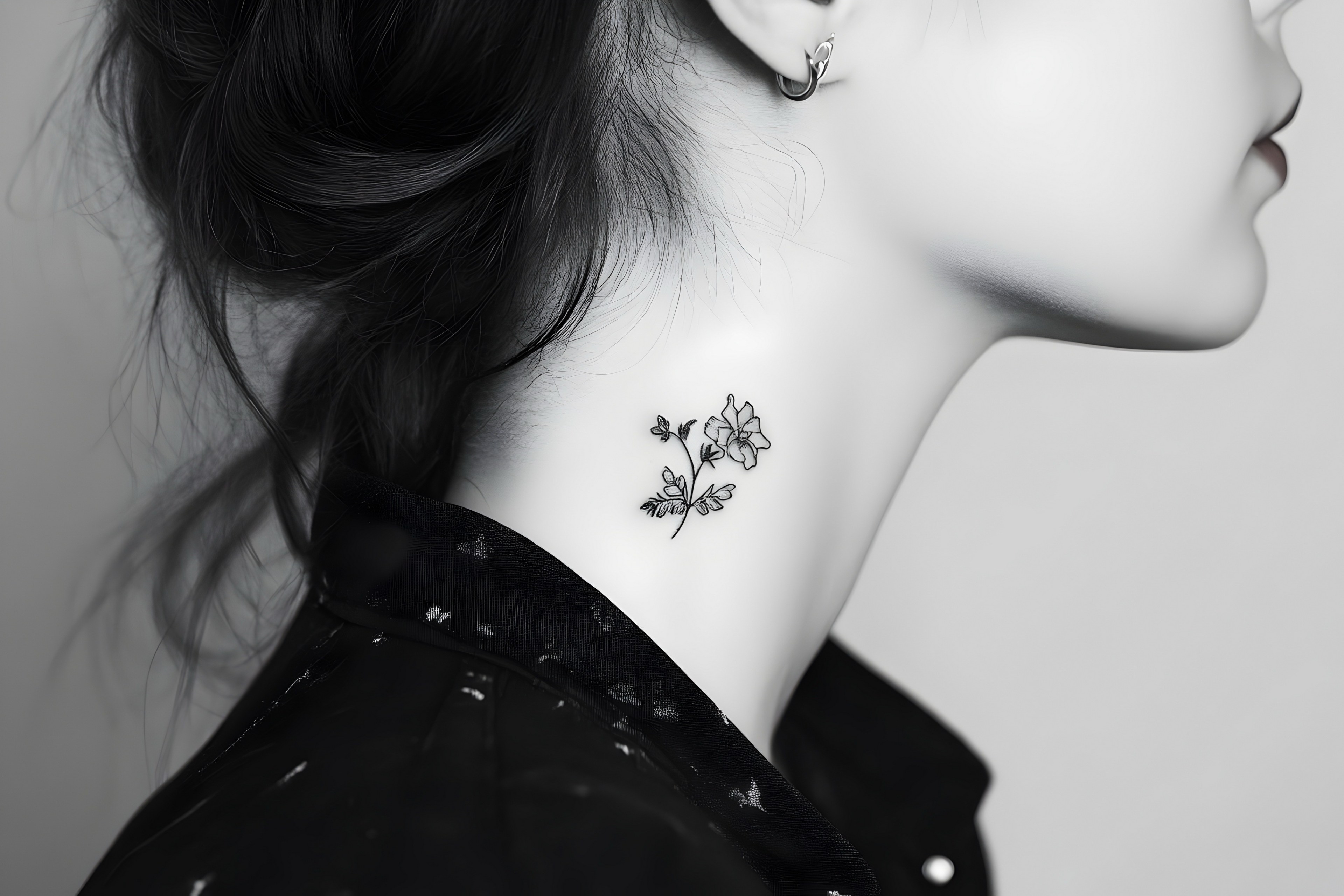Black and white profile photo of a woman with a small floral tattoo on her neck, hair up, wearing hoop earrings and a black top.