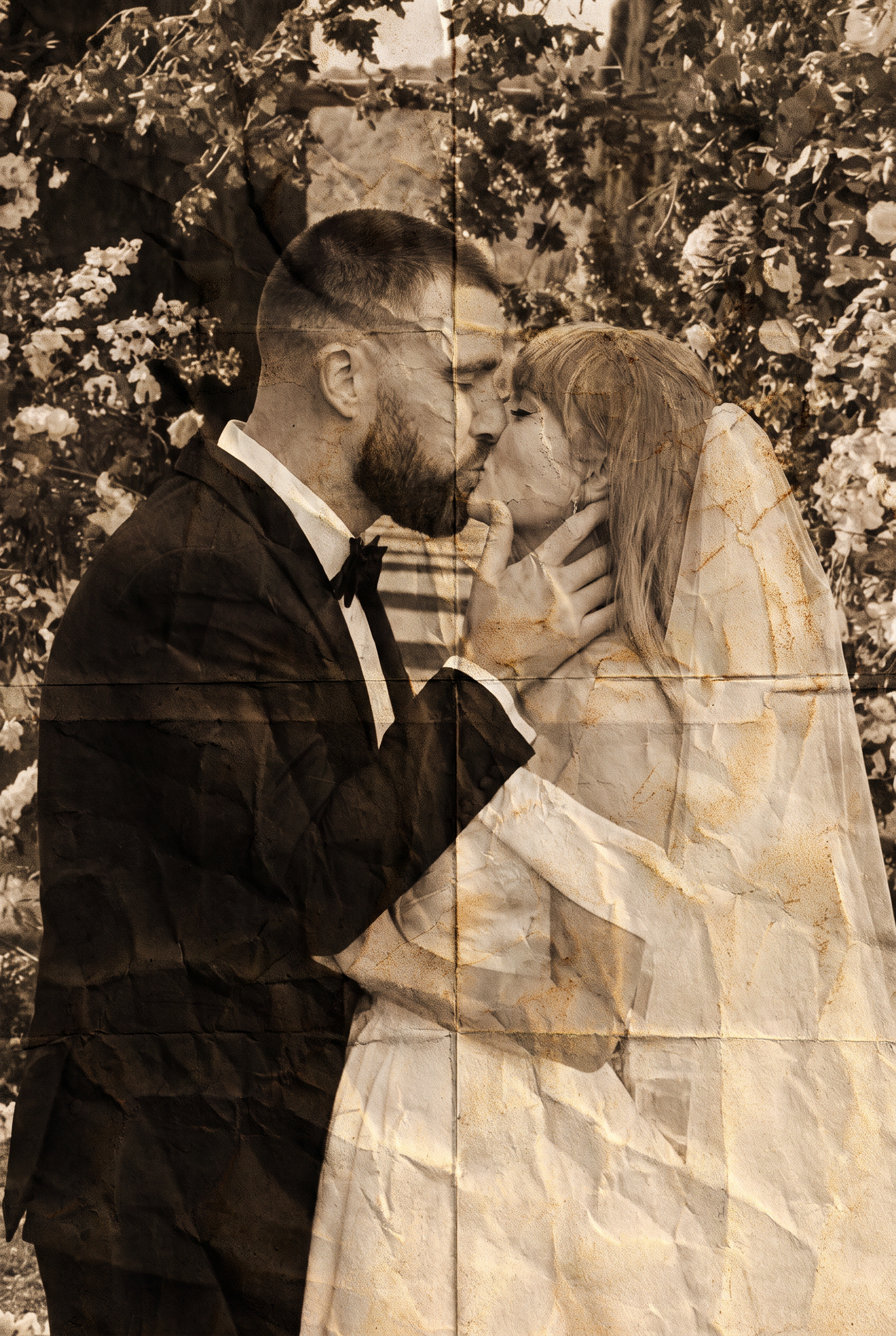Sepia-toned AI-generated image of a bride and groom kissing, overlaid on crumpled aged paper, with a floral backdrop.