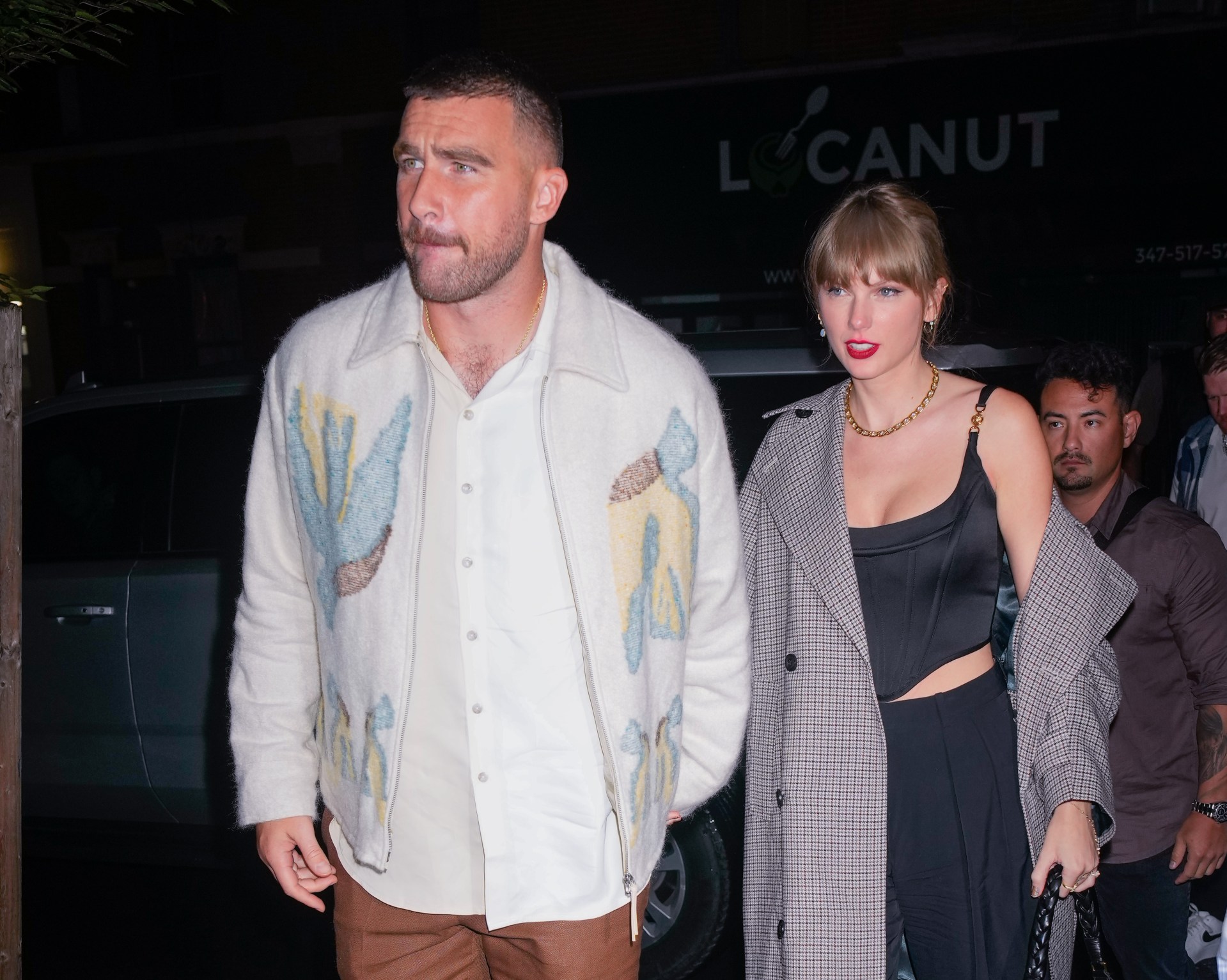 Taylor Swift and Travis Kelce arriving at the SNL Afterparty in New York City