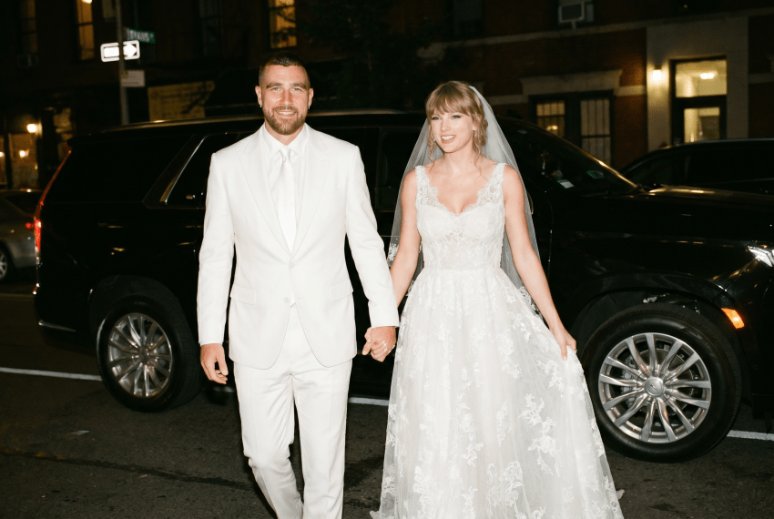 AI-generated illustration of Taylor Swift and Travis Kelce at a wedding ceremony