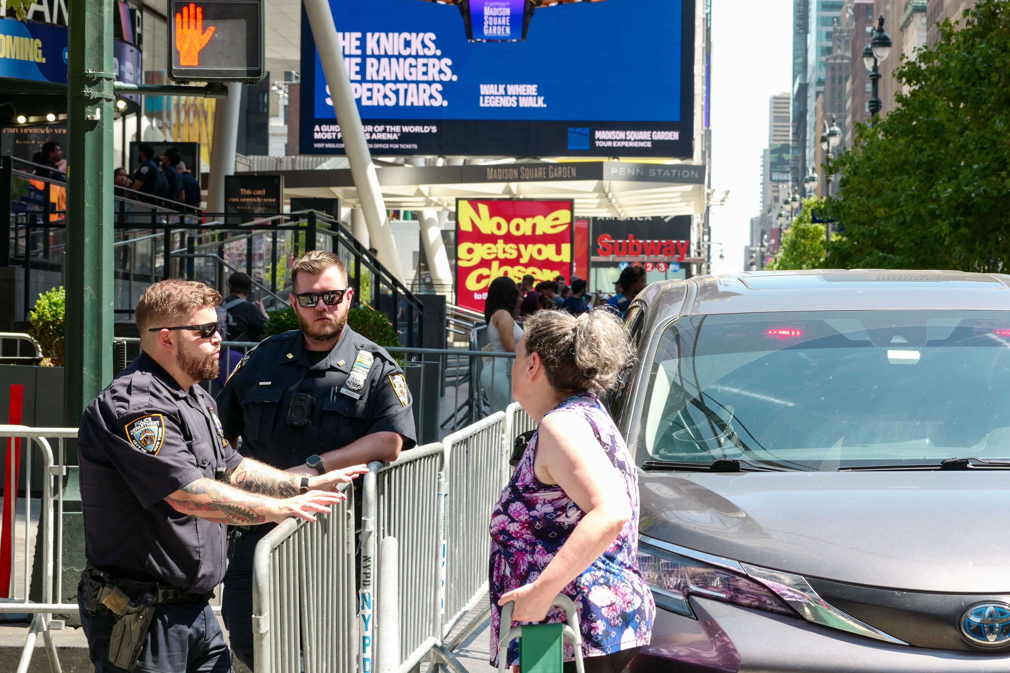 Barricades and street closures surrounding Madison Square Garden in New York City ahead of Taylor Swift and Travis Kelce's wedding