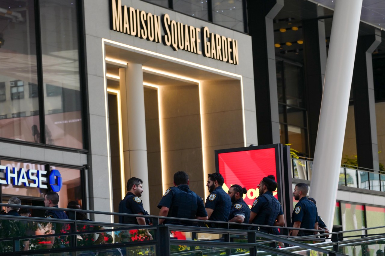 Barricades and street closures surrounding Madison Square Garden in New York City ahead of Taylor Swift and Travis Kelce's wedding