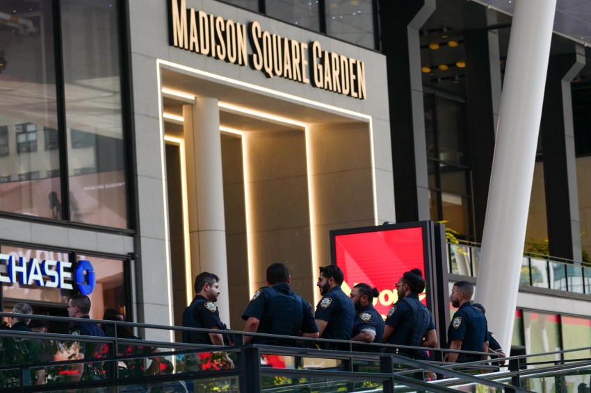 Barricades and street closures surrounding Madison Square Garden in New York City ahead of Taylor Swift and Travis Kelce's wedding