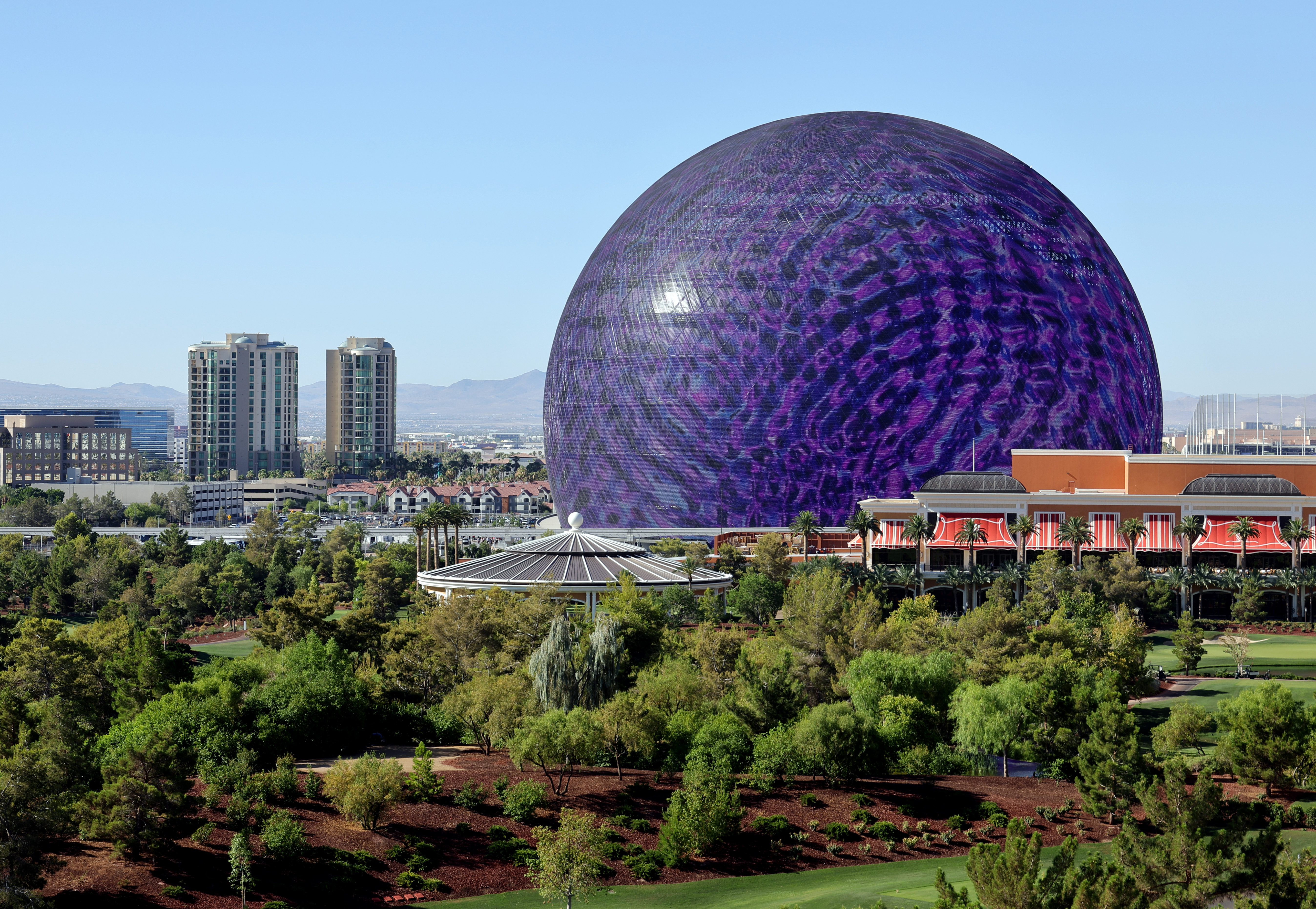 The Sphere entertainment venue lit up at night in Las Vegas, Nevada