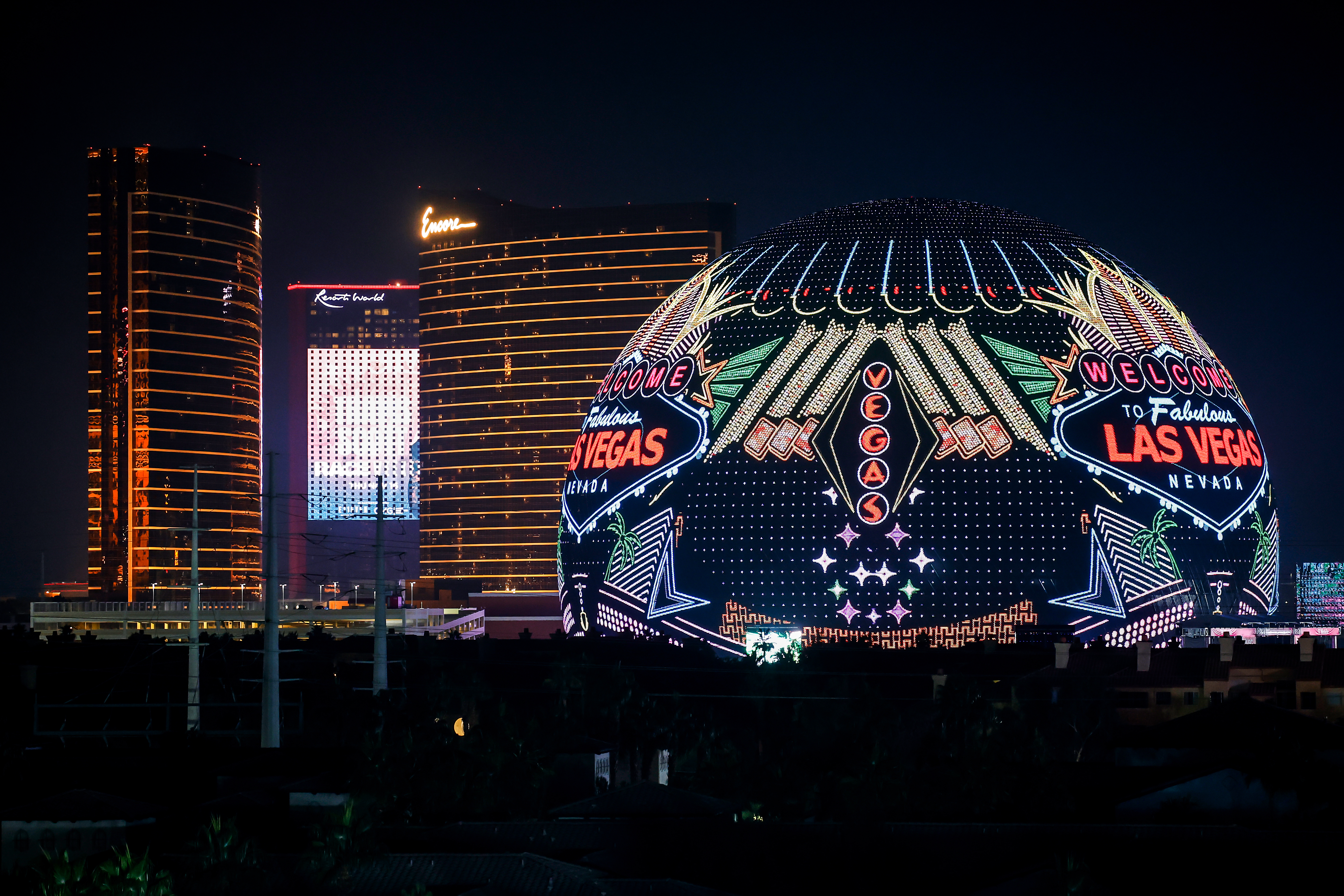 General view of the Sphere venue alongside the Las Vegas Strip Circuit during F1 Grand Prix practice, November 2023