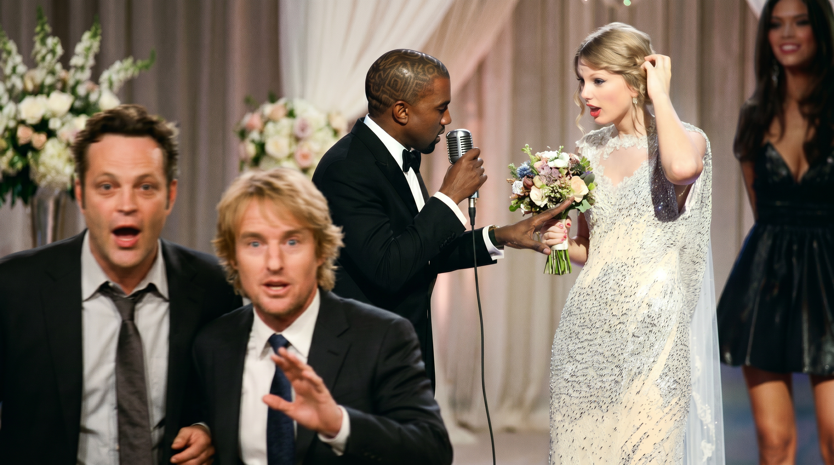 AI-generated composite image of a man in a tuxedo interrupting a bride at a wedding altar while two men react in shock in the foreground.