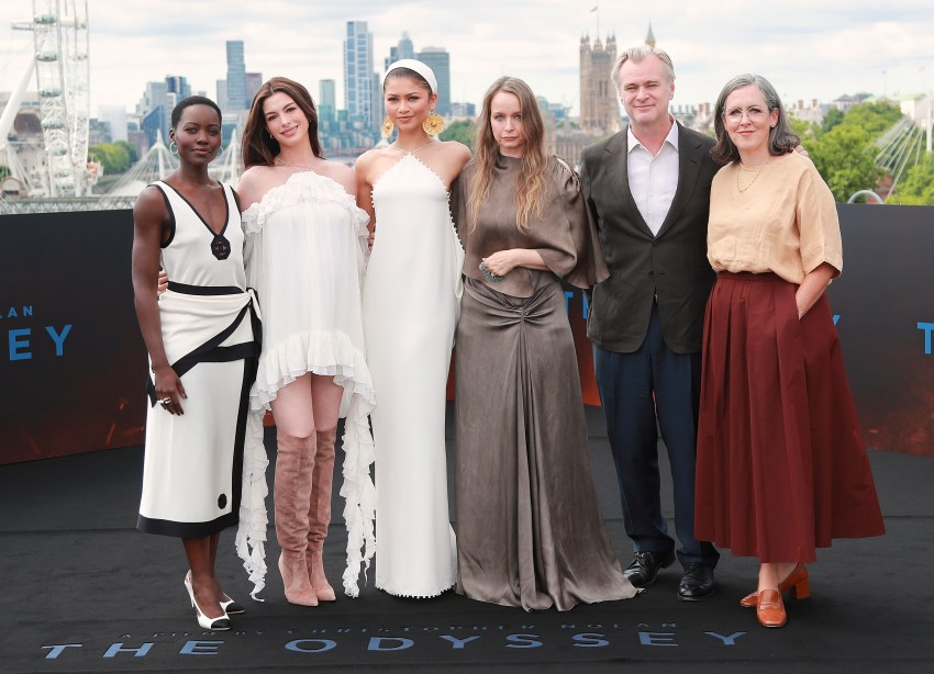 Lupita Nyong'o, Anne Hathaway, Zendaya, Samantha Morton, Christopher Nolan, and Emma Thomas posing together at The Odyssey London photocall