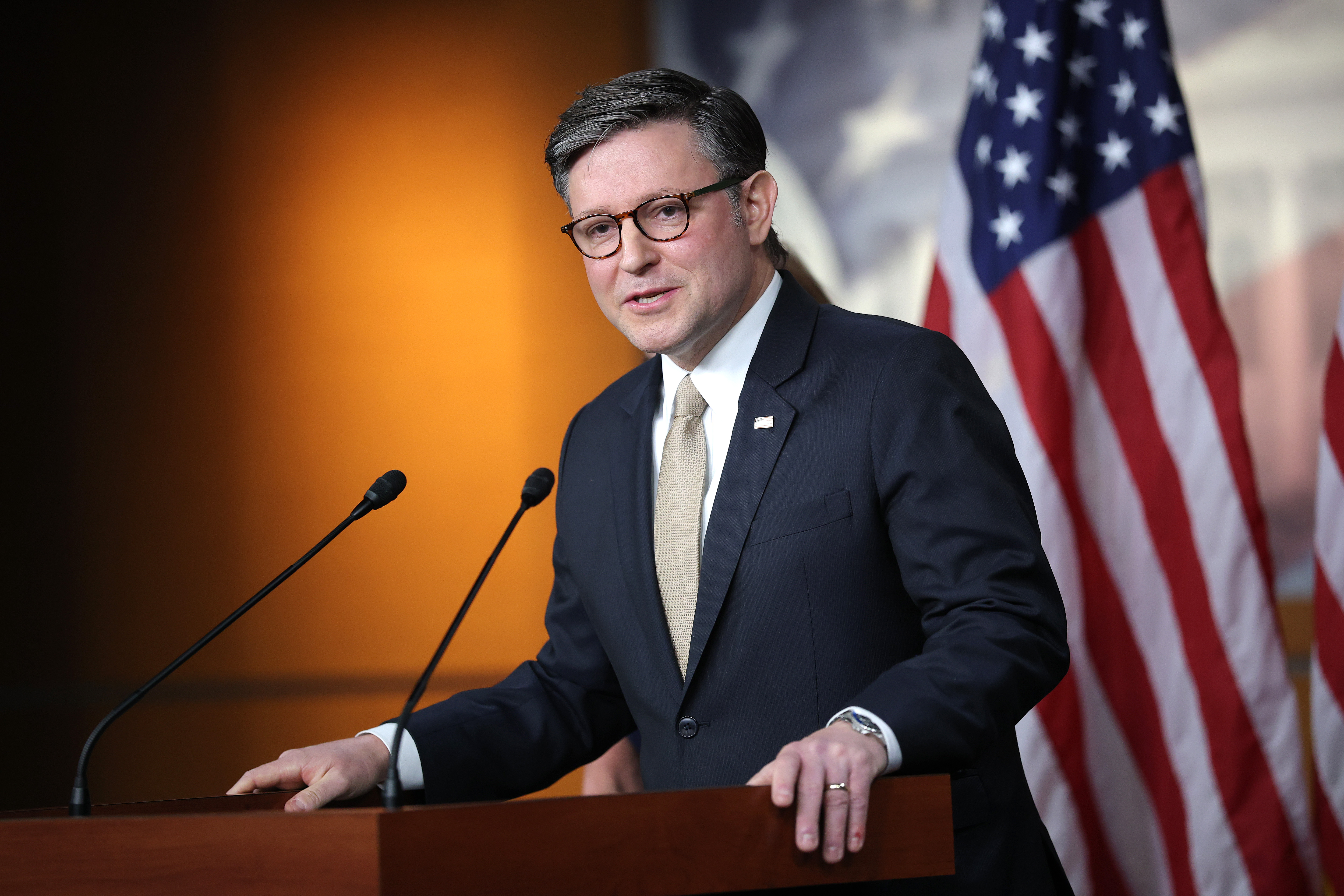 Speaker Mike Johnson speaking at a news conference at the U.S. Capitol
