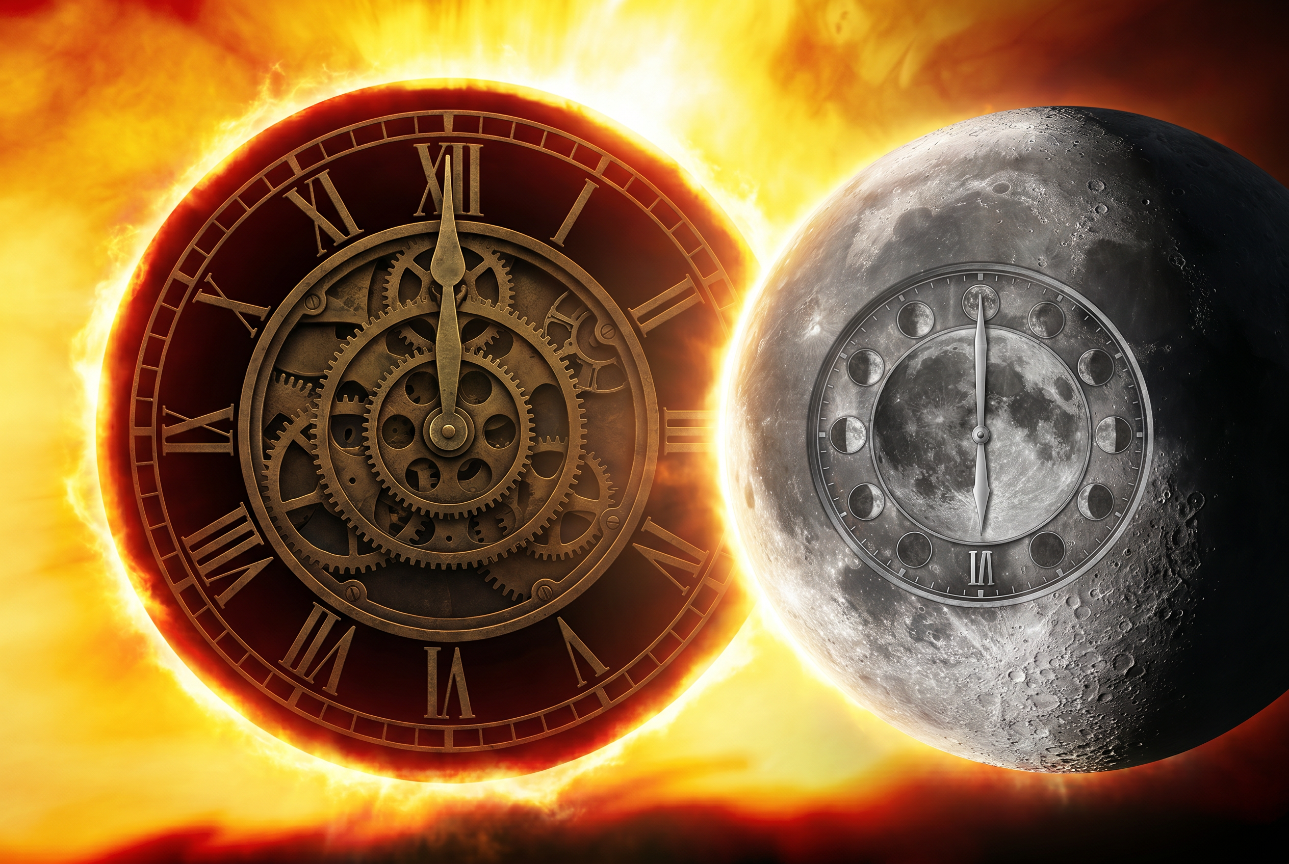 Digital illustration of a fiery sun with a brass steampunk clock face beside a cratered moon with a silver clock face showing lunar phases.