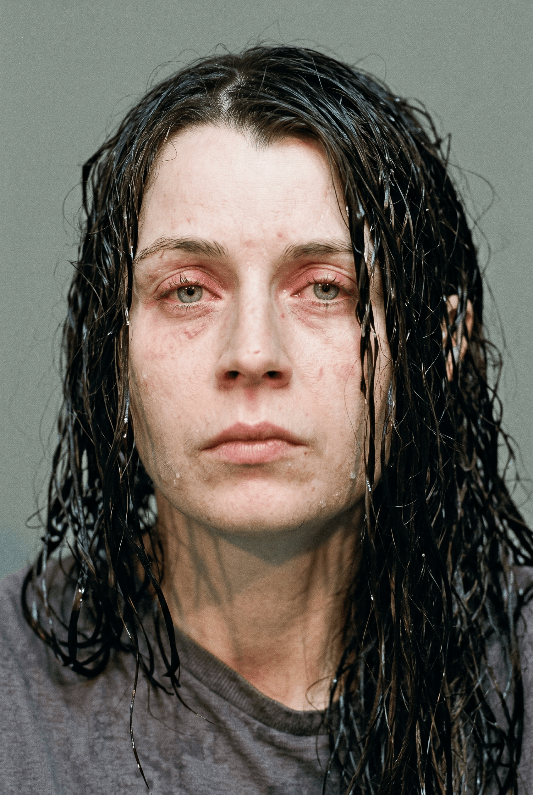 Close-up portrait of a woman with wet dark hair and red, puffy eyes staring blankly at the camera against a gray background.