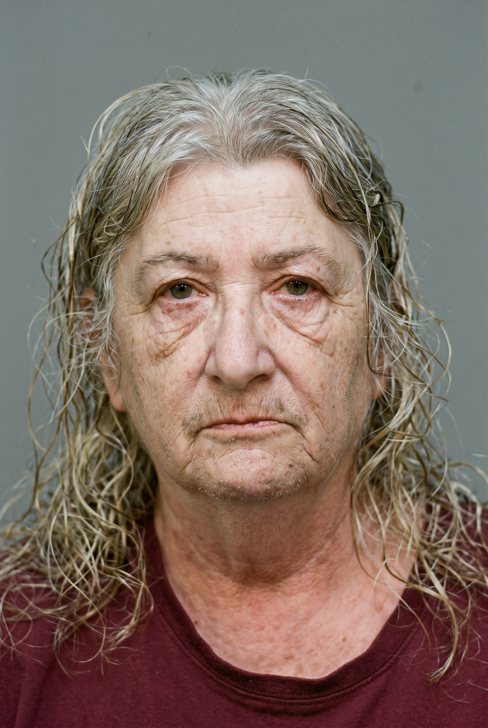 Close-up portrait of an older woman with long wet gray-blonde hair wearing a dark red shirt, staring directly at the camera against a gray background.