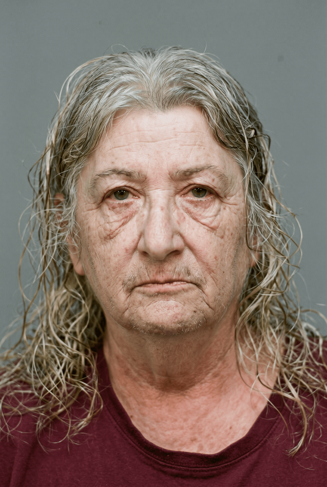 Close-up portrait of an older woman with long wet gray-blonde hair wearing a dark red shirt, staring directly at the camera against a gray background.