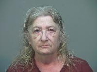 Mugshot of a middle-aged woman with long, disheveled gray-blonde hair against a plain background.