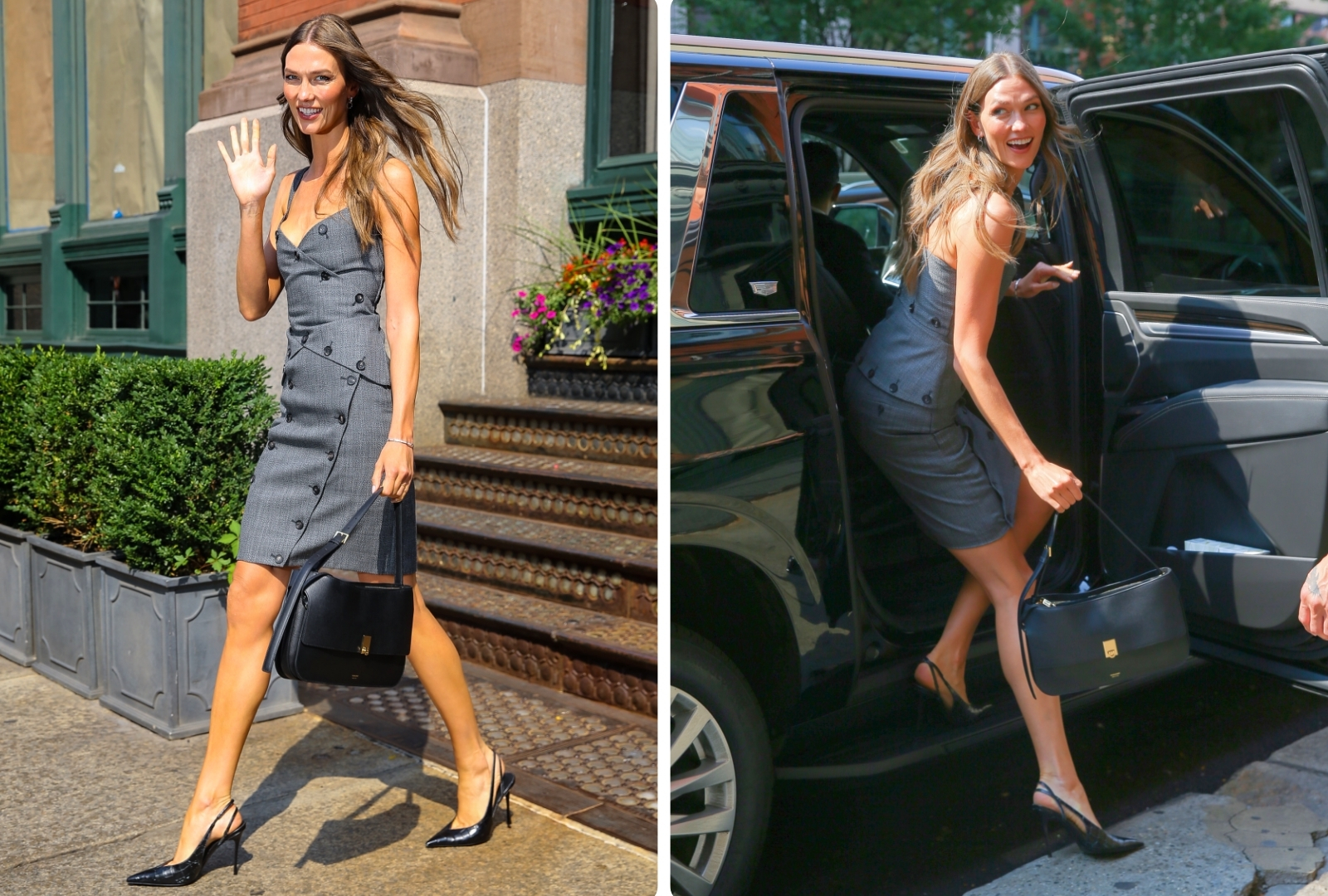 Karlie Kloss waving while walking on a NYC sidewalk in a sleeveless gray button-front dress, black slingback heels, and carrying a black leather bag.