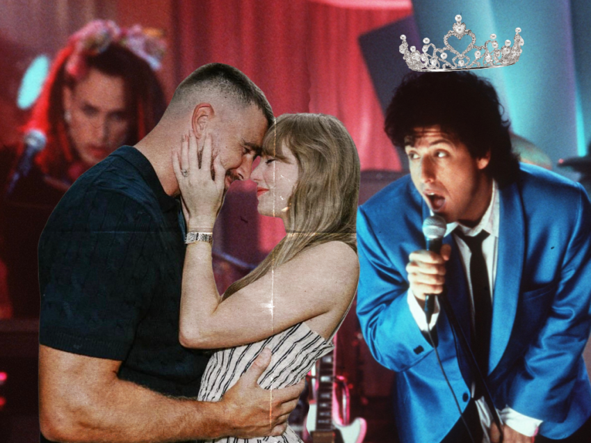 Adam Sandler in a blue blazer singing into a microphone on stage with a band behind him in a scene from The Wedding Singer (1998).