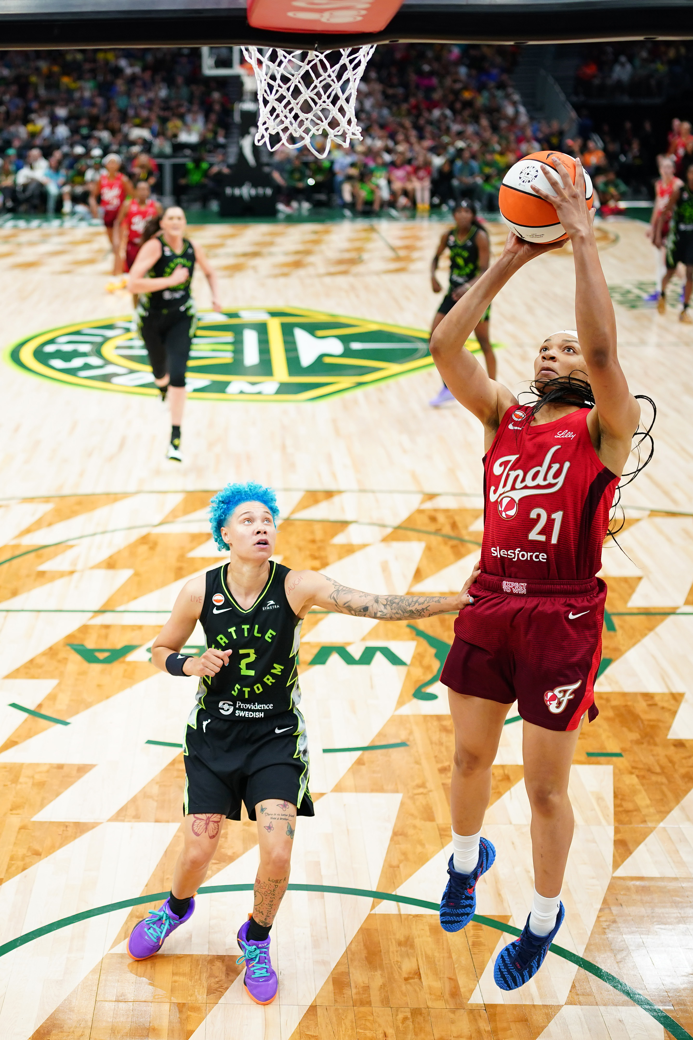 Makayla Timpson #21 of the Indiana Fever goes up for a shot during the second half against the Seattle Storm at Climate Pledge Arena