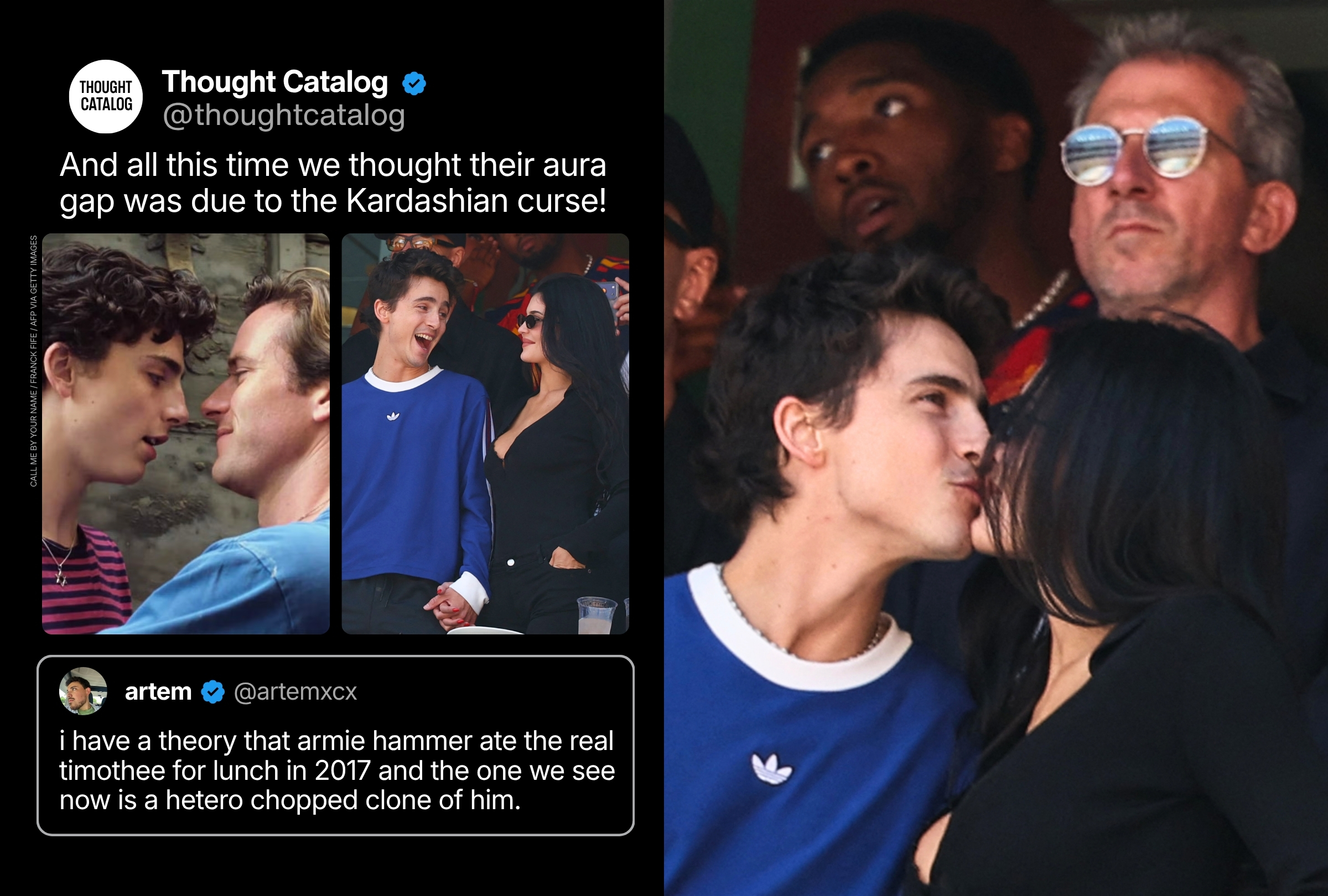 Timothée Chalamet in a blue Adidas sweatshirt kissing Kylie Jenner in the stadium stands, with several onlookers visible behind them.