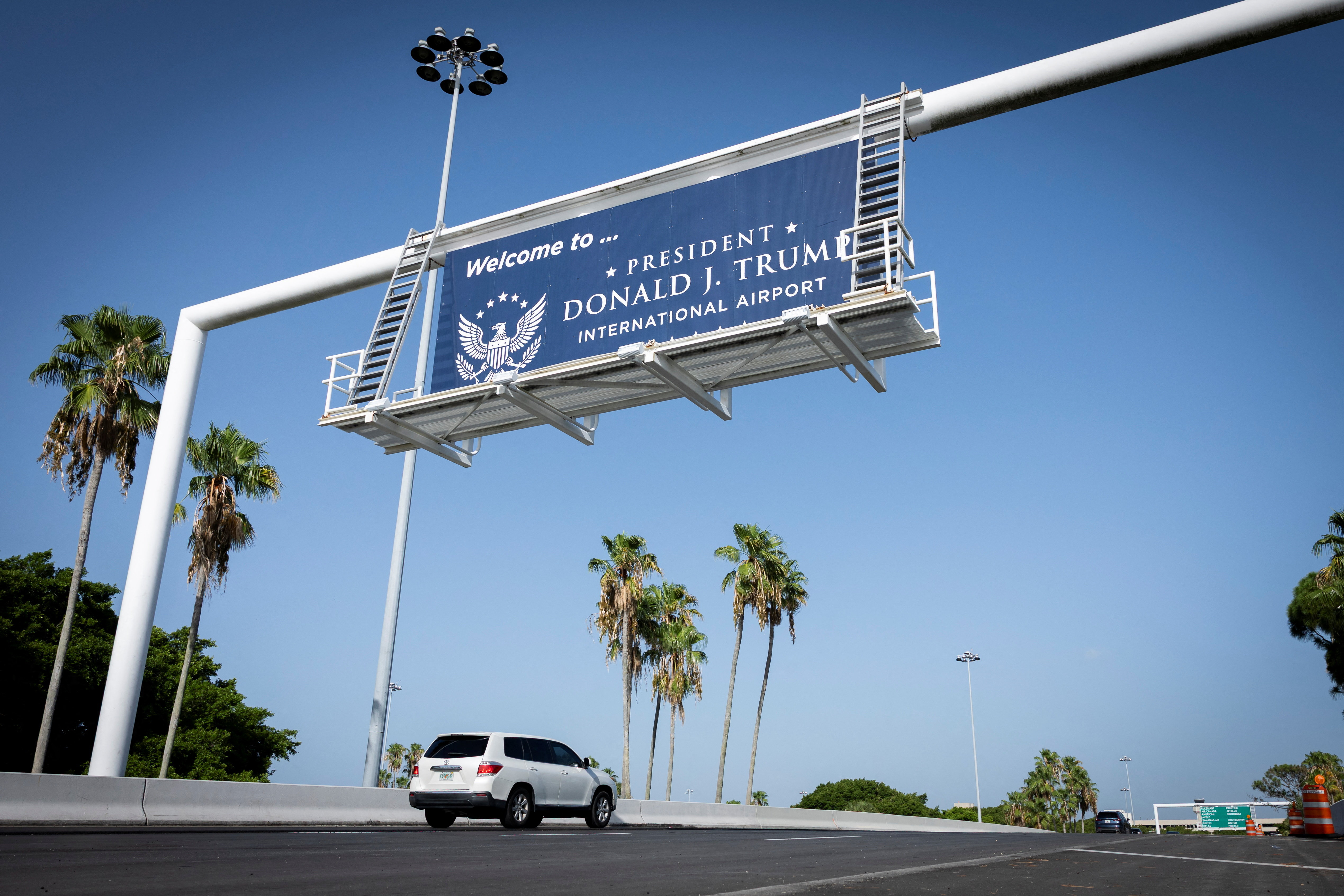 Welcome sign at Palm Beach International Airport displaying its new name, President Donald J. Trump International Airport