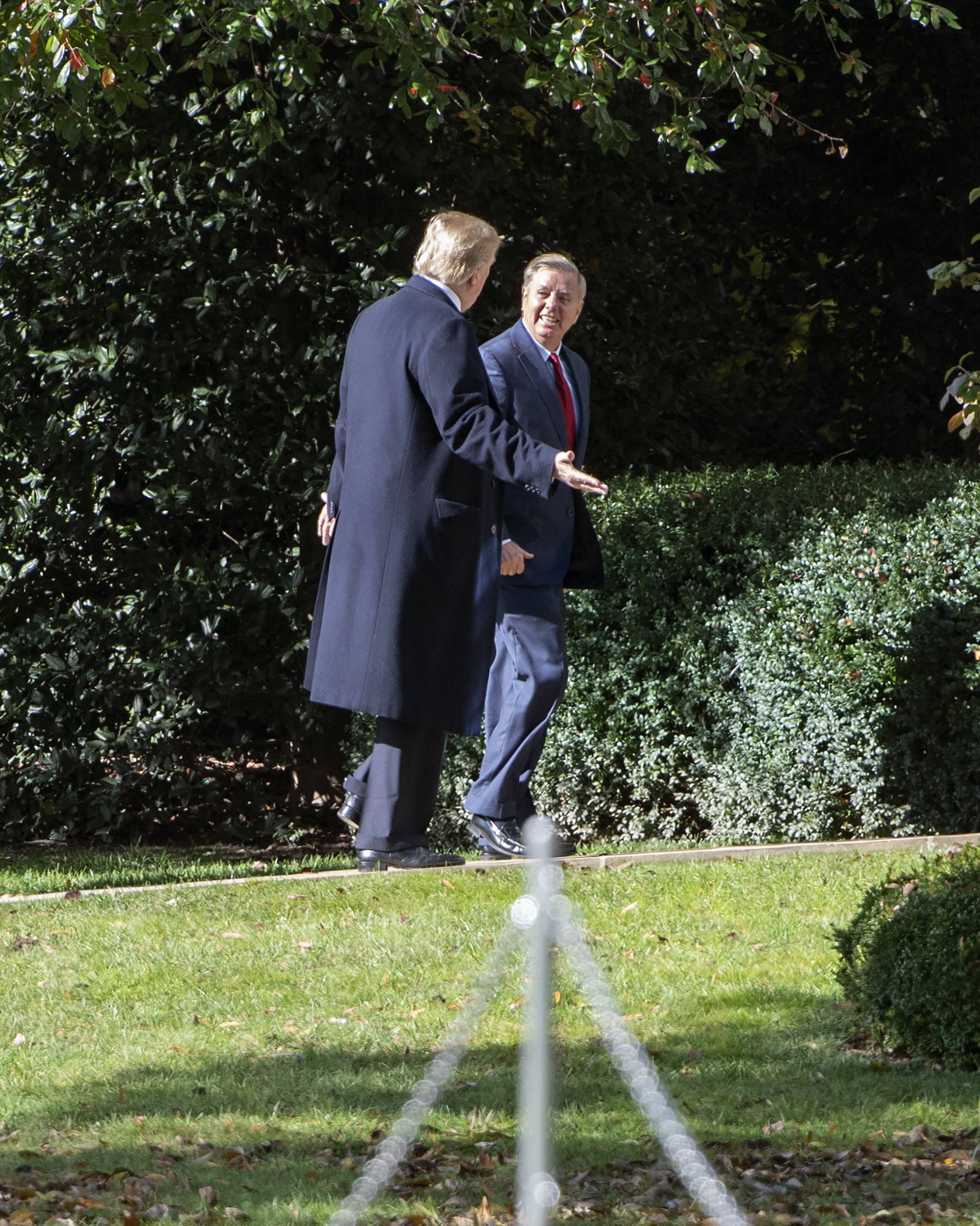 Two men in dark overcoats walking and talking outdoors on a grass lawn surrounded by green shrubs and trees, seen from a distance.
