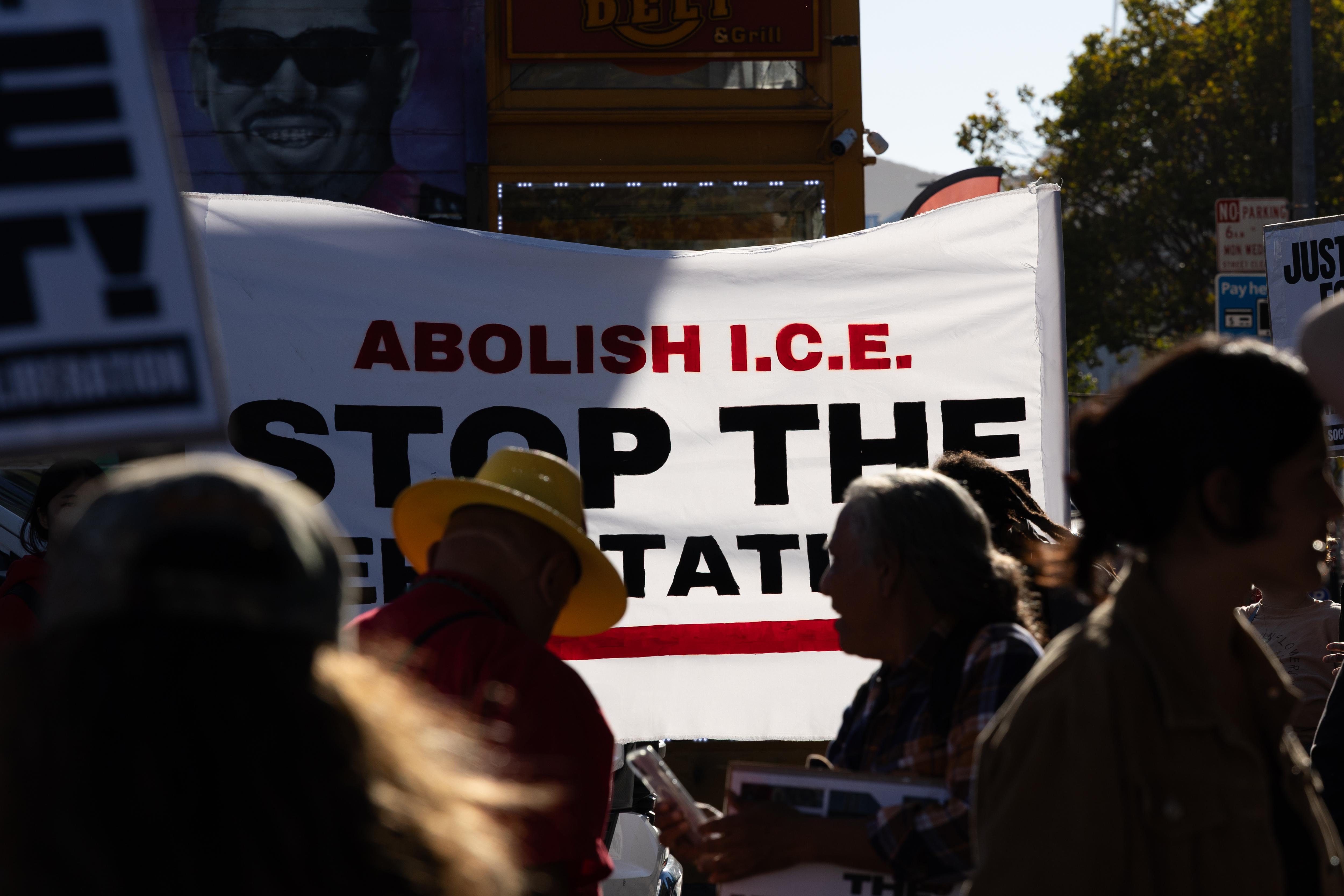 Crowd of demonstrators gathered at an anti-ICE protest in San Francisco, California