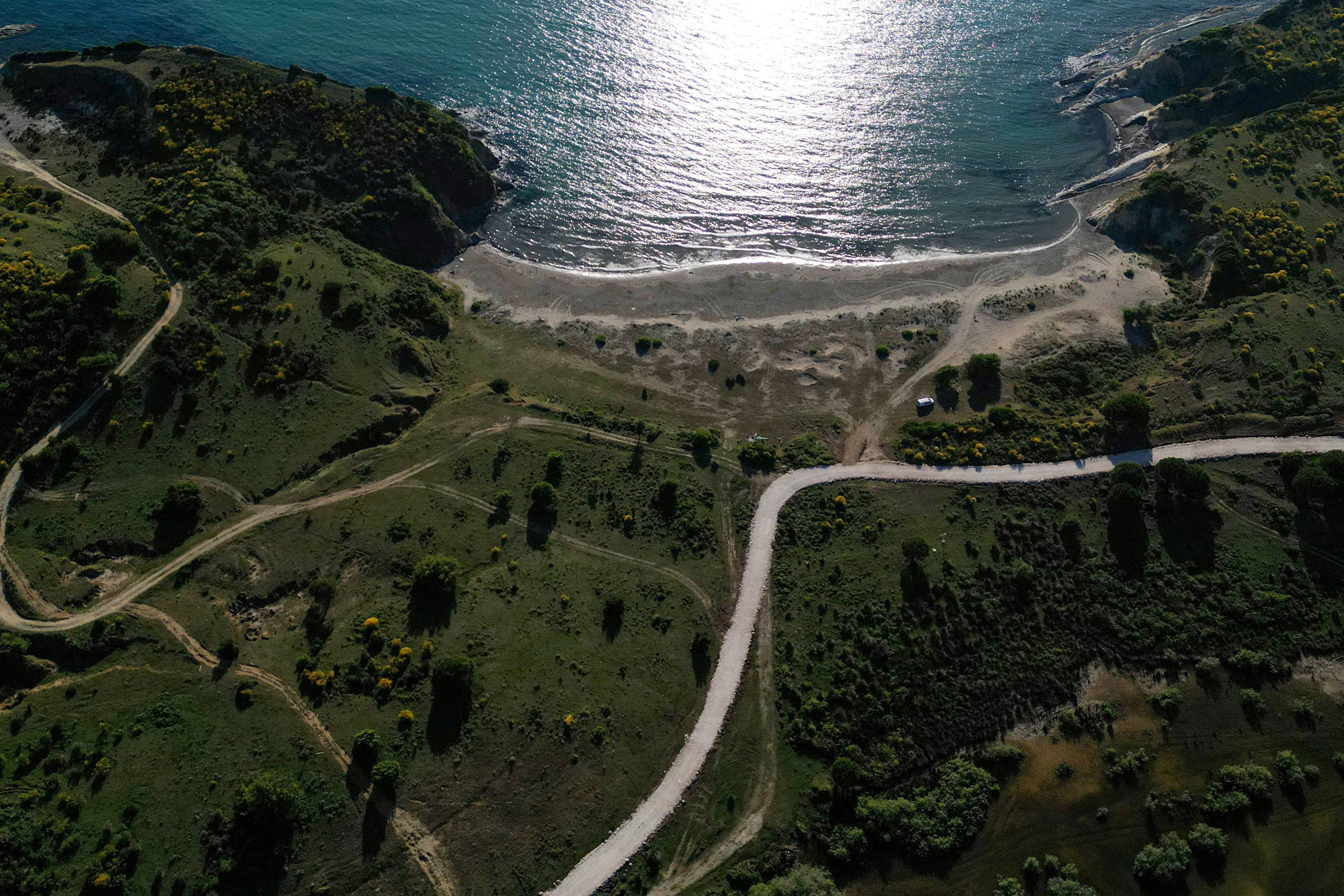 Drone view of the bay of Zvernec in the Vjosa-Narte protected area near Vlora, Albania
