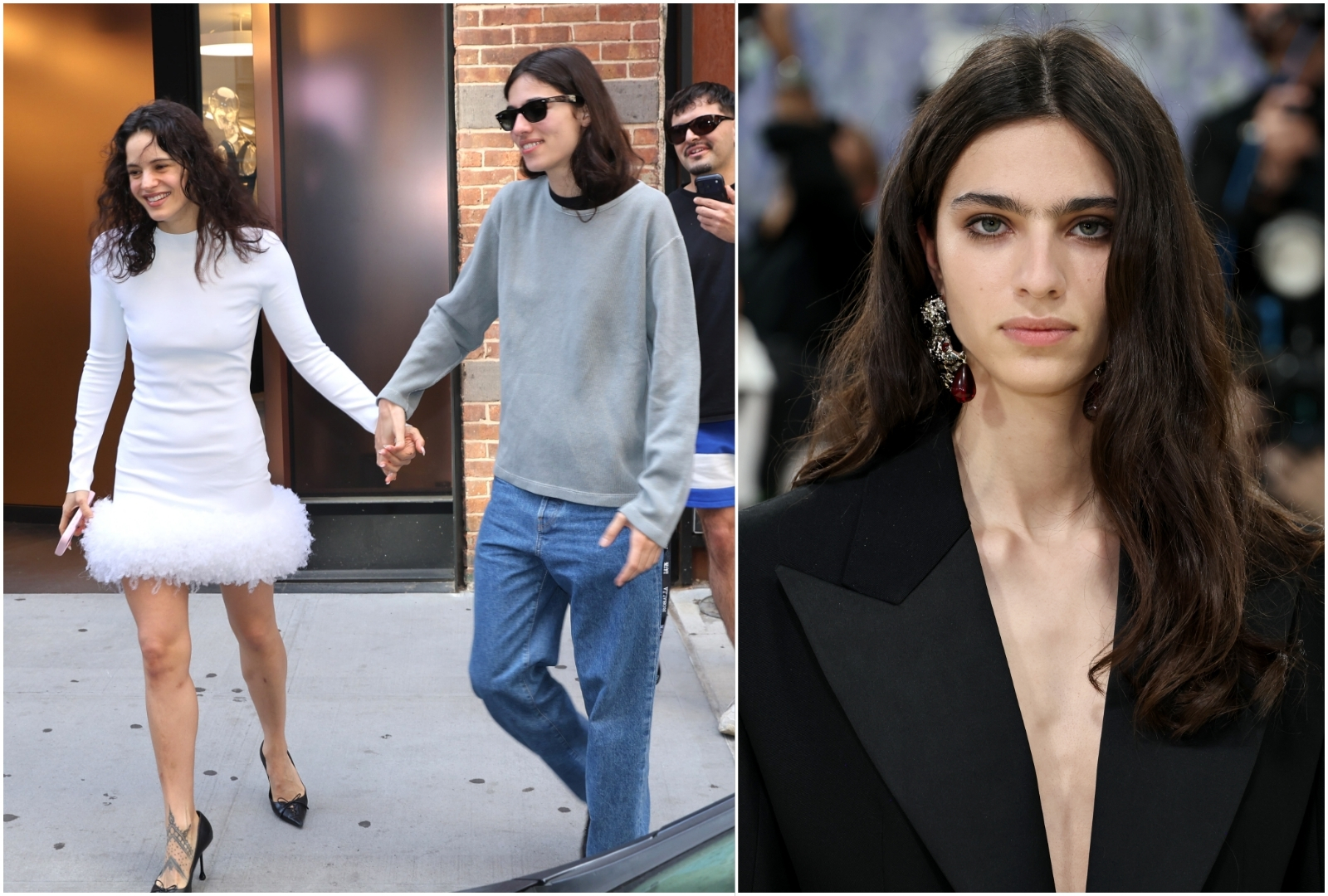 Model Loli Bahia in a deep-V black blazer and statement earrings at the 2026 Met Gala arrivals.