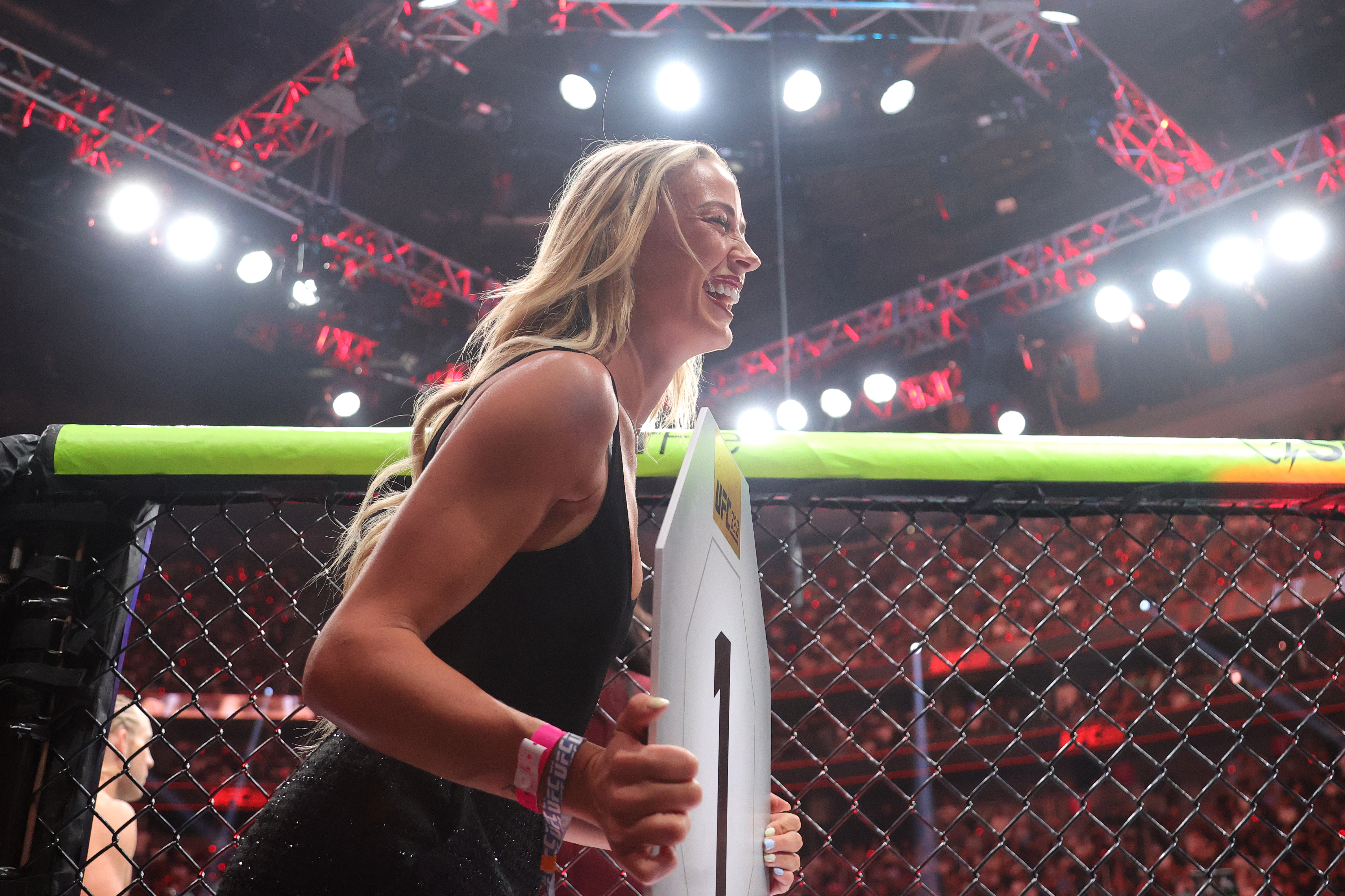 Sophie Cunningham sitting ringside at UFC 329 inside T-Mobile Arena in Las Vegas
