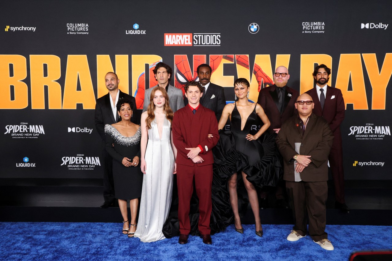 Tom Holland, Zendaya, Sadie Sink, Jacob Batalon, and other Spider-Man: Brand New Day cast members pose together at the film's LA world premiere.