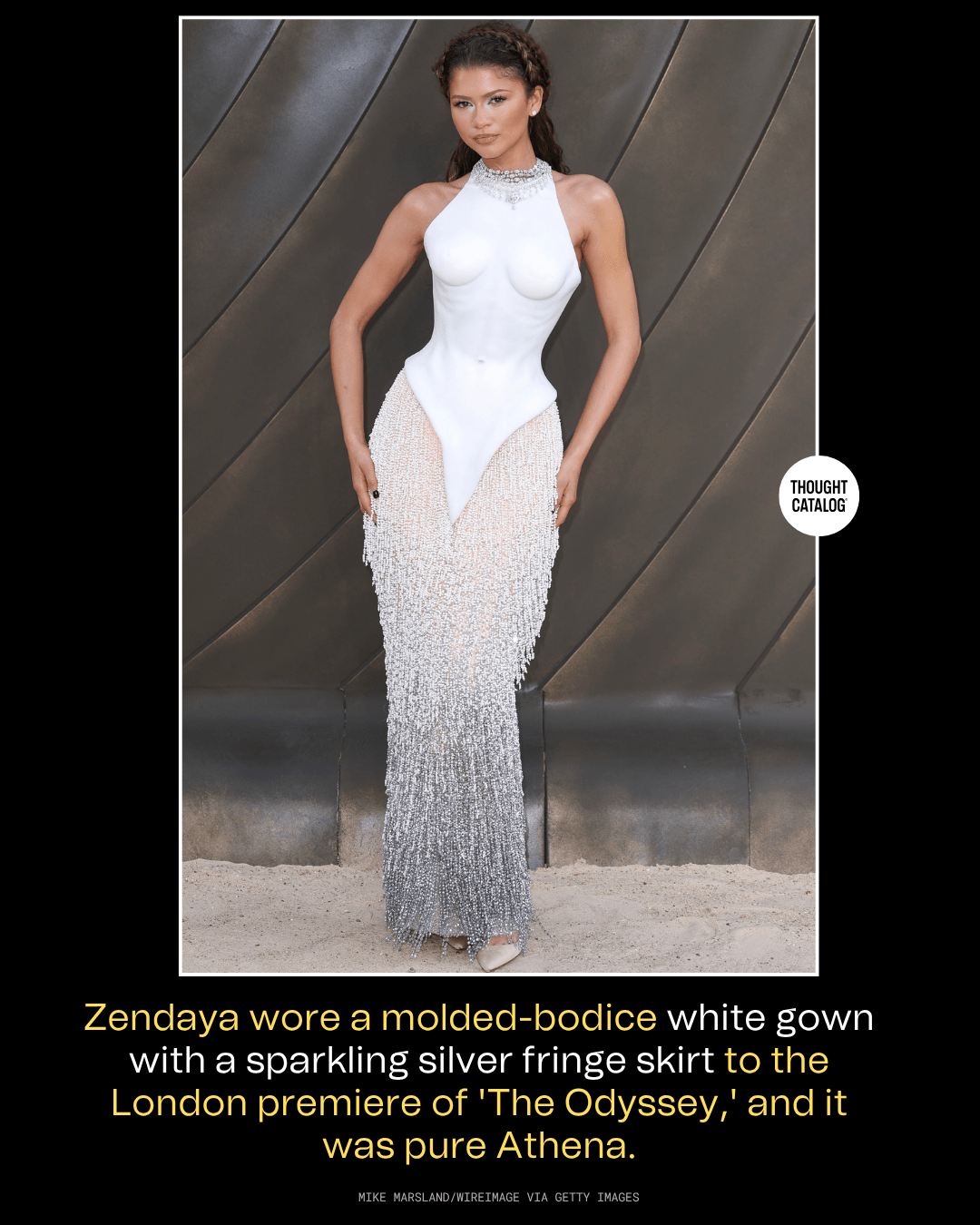 Zendaya Wore a Molded-Bodice White Gown with a Sparkling Silver Fringe Skirt to the London Premiere of 'The Odyssey'