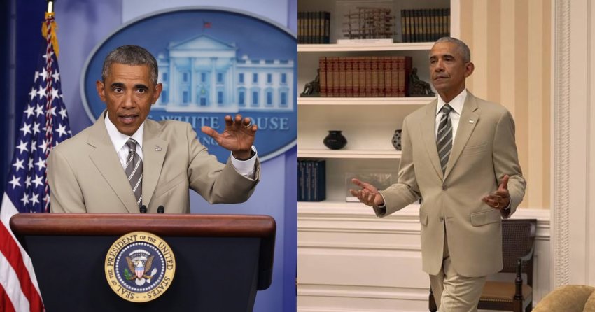 Barack Obama in a tan suit speaking at the White House Press Briefing Room podium, gesturing with one hand, with the presidential seal and American flags visible.