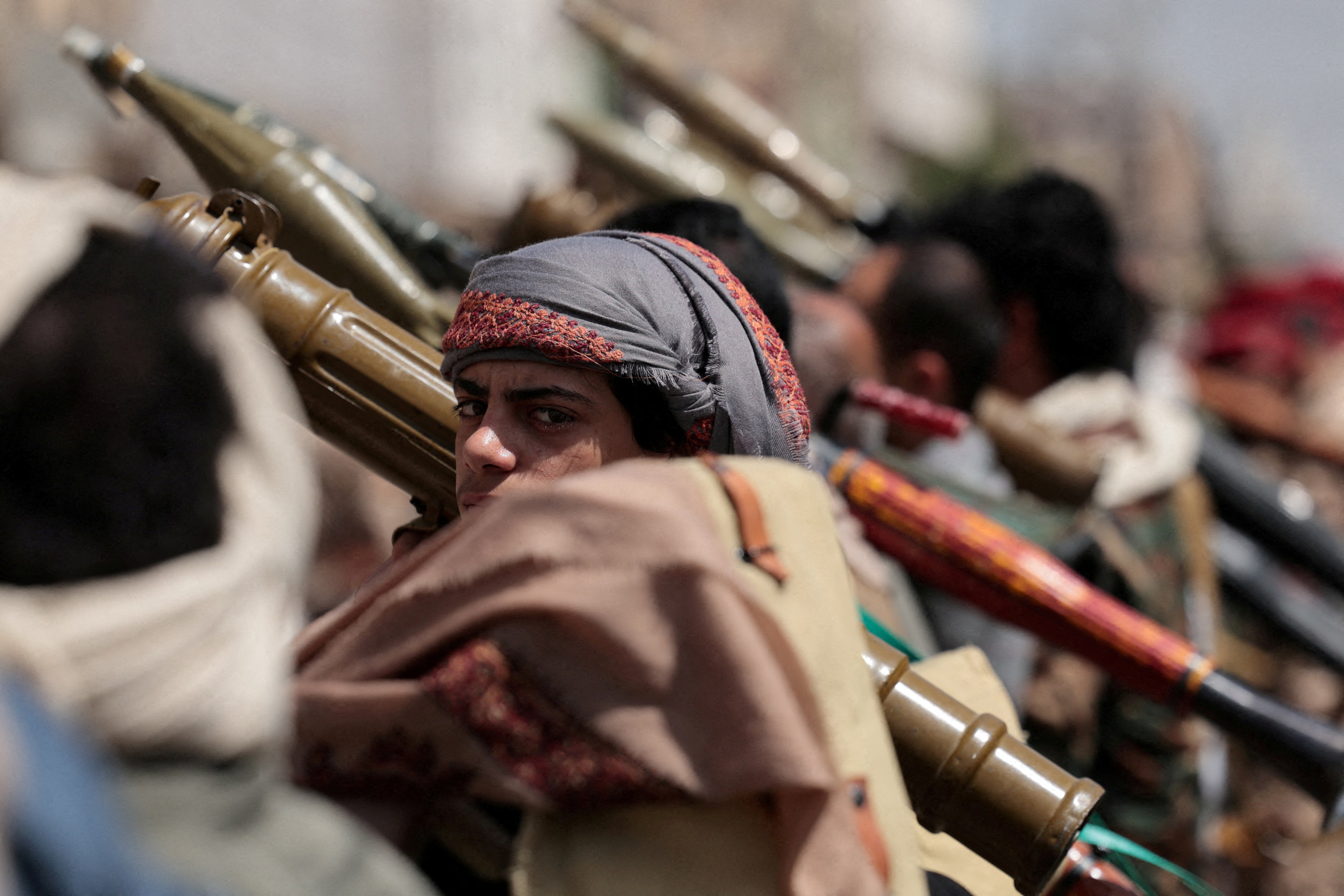A Houthi supporter at a pro-Iran demonstration in Sanaa, Yemen