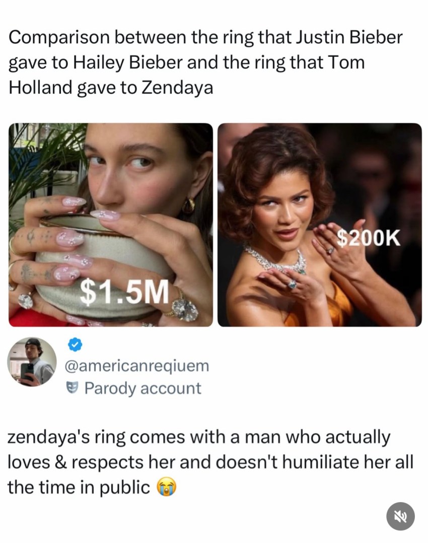 A Viral Post Pegs Hailey Bieber's Ring at $1.5M and Zendaya's at $200K, Then Argues Zendaya Got the Better Deal Anyway