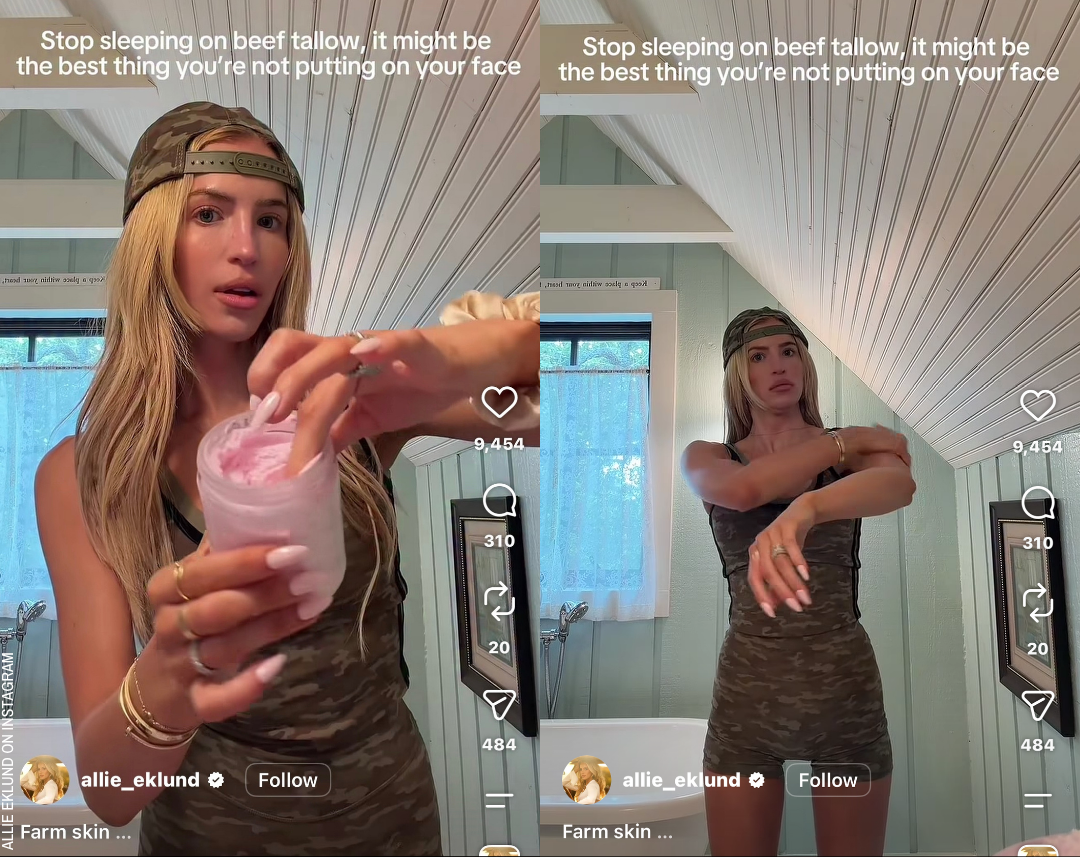 Side-by-side Instagram video frames of a blonde woman in a camo outfit holding a jar of pink beef tallow cream and then applying it to her arm, with on-screen text about beef tallow skincare.