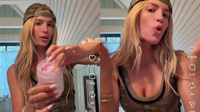 Woman with blonde hair and a camo headband gesturing with both hands in a TikTok video by @allie_eklund