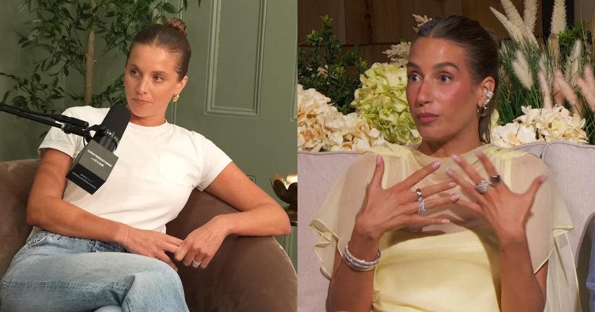Woman in white t-shirt and jeans sitting in a velvet chair next to a Conversations with Cam podcast microphone.